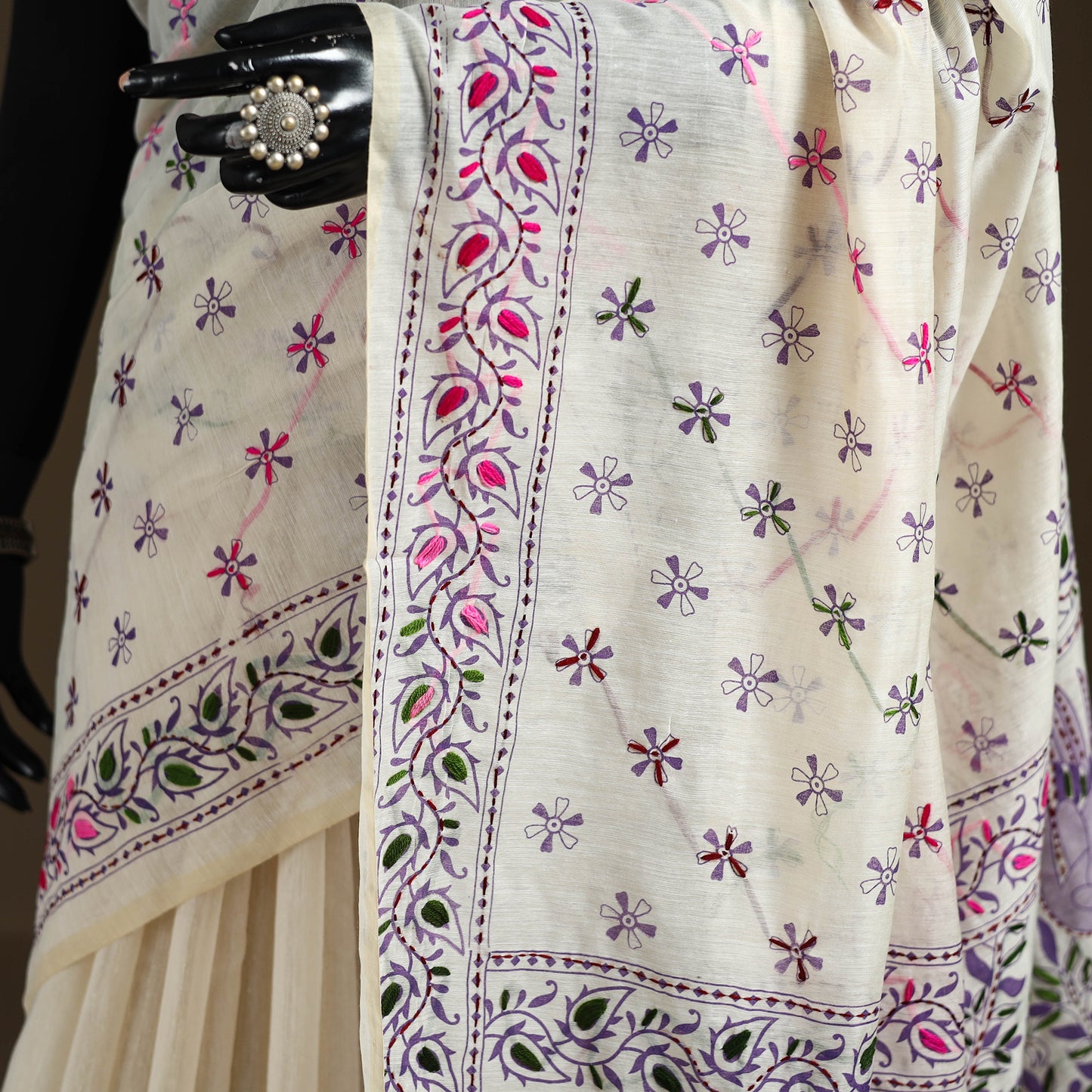 Phulkari Hand Embroidered Chanderi Silk Chapa Work Saree 06