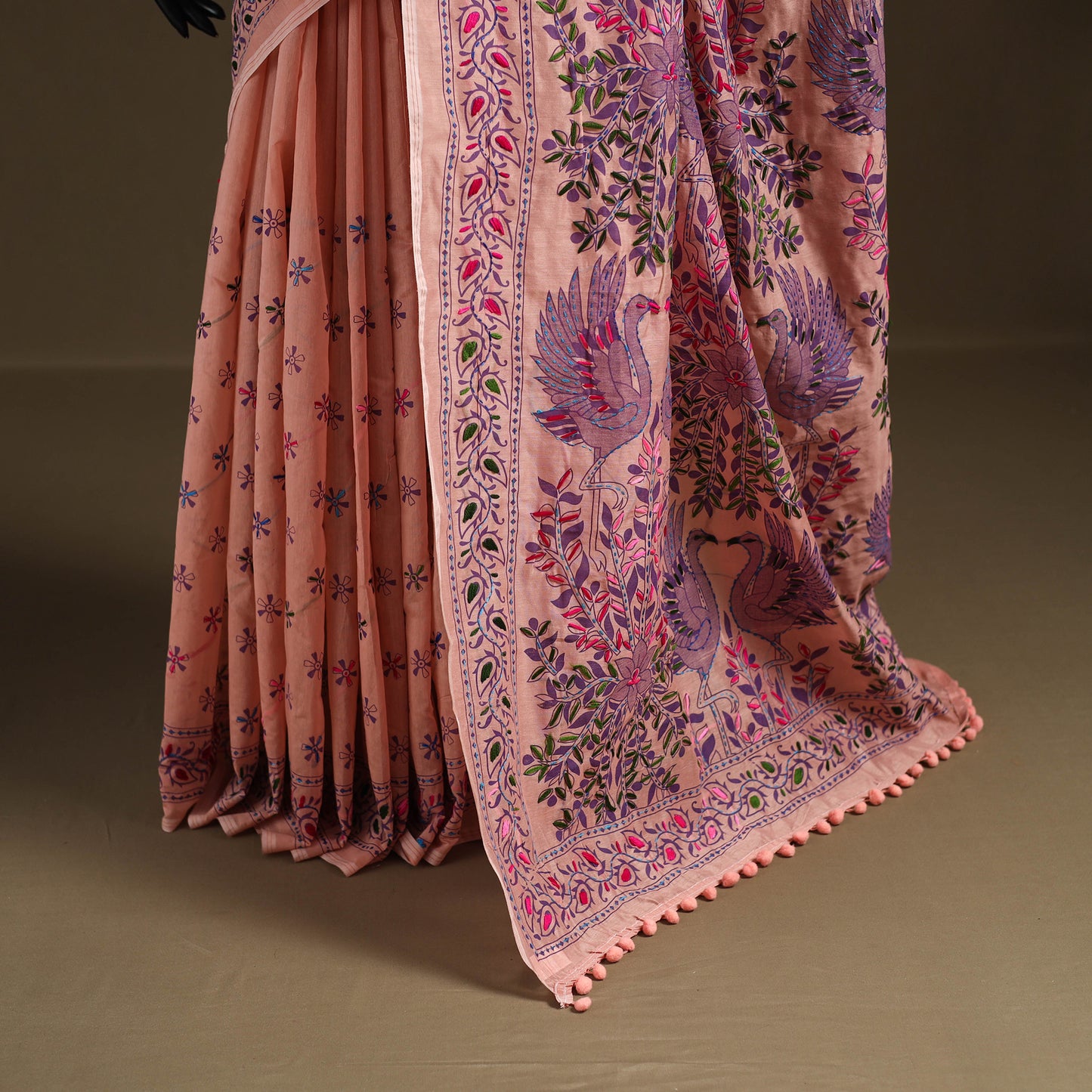 Phulkari Hand Embroidered Chanderi Silk Chapa Work Saree 07