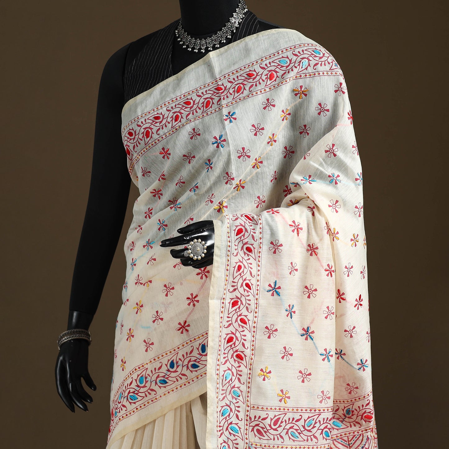 White - Phulkari Hand Embroidered Chanderi Silk Chapa Work Saree 10