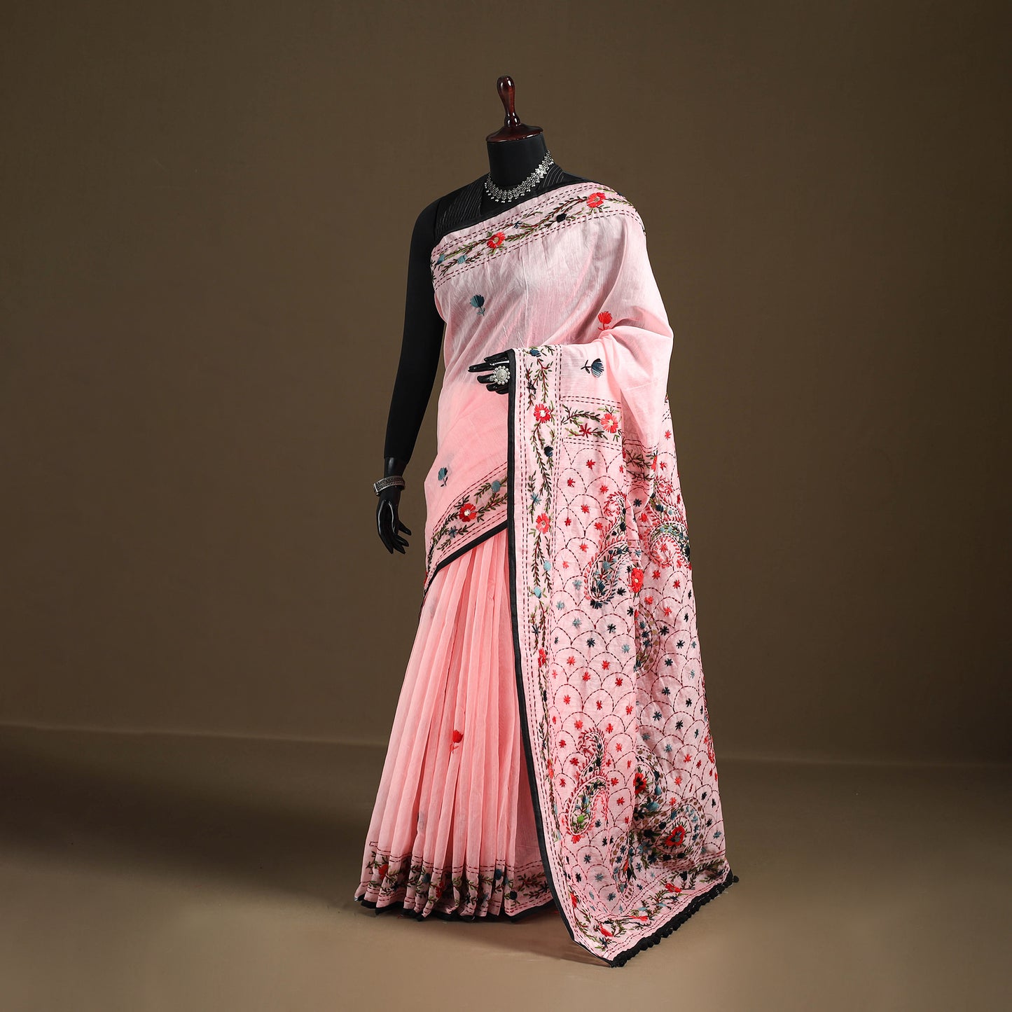 Pink - Phulkari Hand Embroidered Chanderi Silk Chapa Work Saree 11