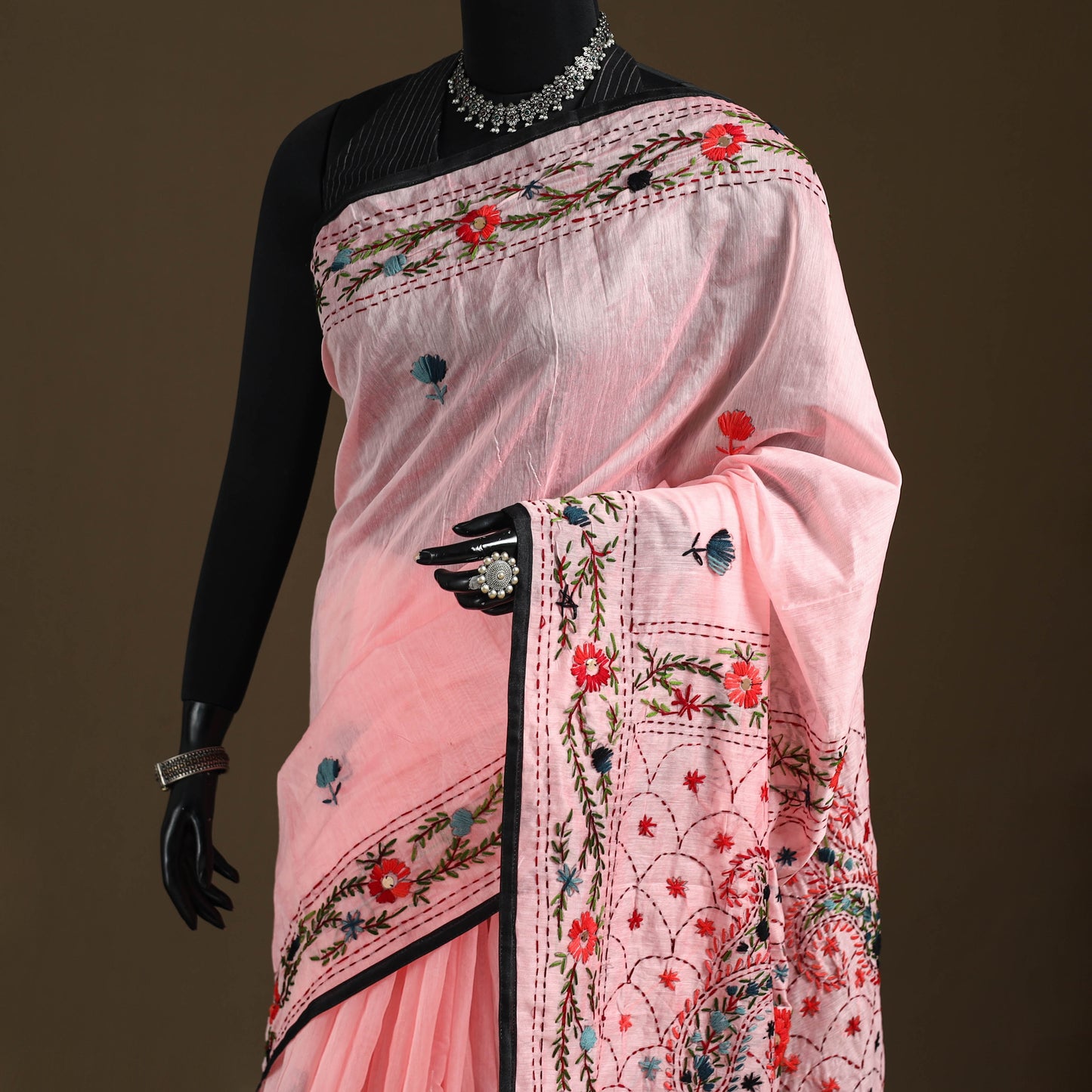Pink - Phulkari Hand Embroidered Chanderi Silk Chapa Work Saree 11