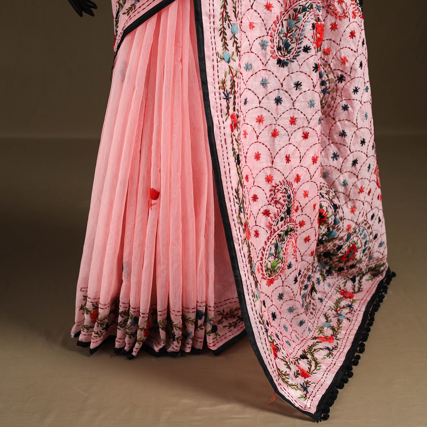 Pink - Phulkari Hand Embroidered Chanderi Silk Chapa Work Saree 11