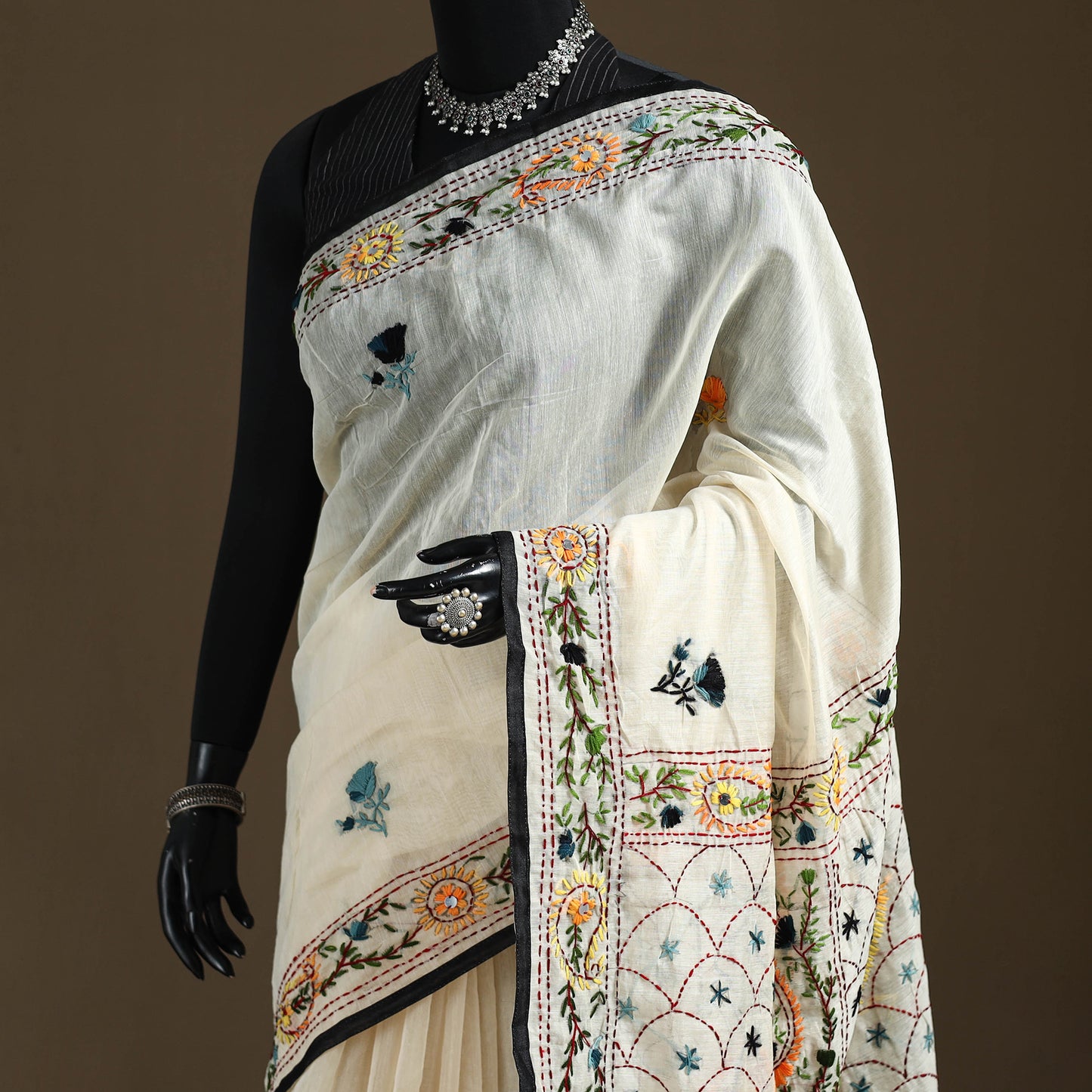 White - Phulkari Hand Embroidered Chanderi Silk Chapa Work Saree 12