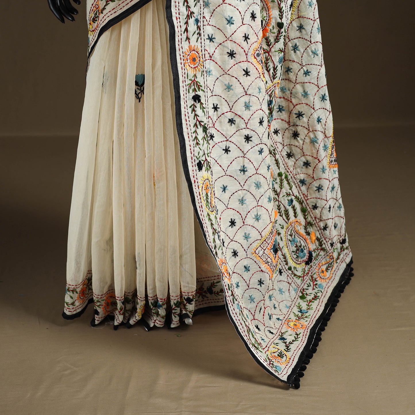 White - Phulkari Hand Embroidered Chanderi Silk Chapa Work Saree 12