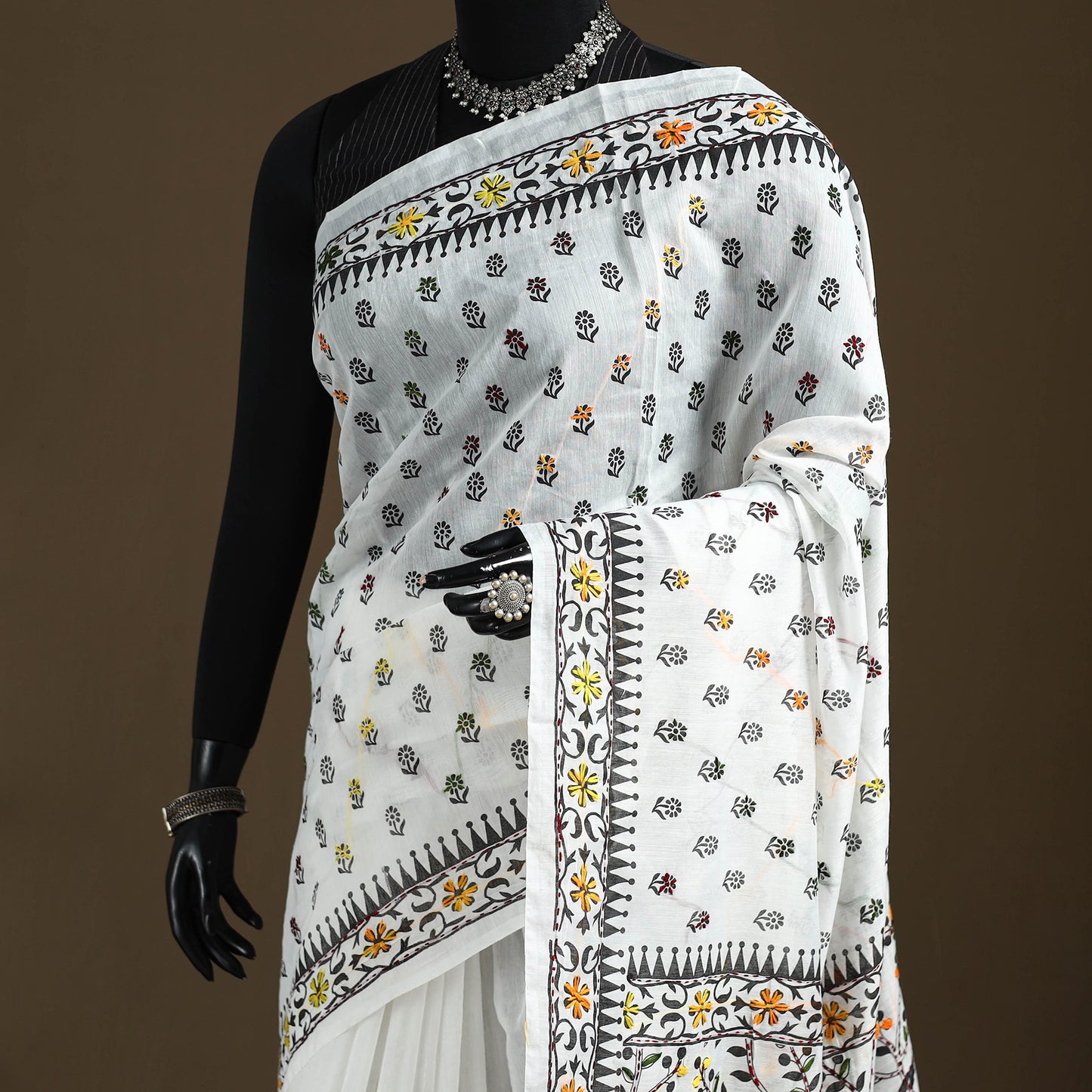 White - Phulkari Hand Embroidered Chanderi Silk Chapa Work Saree 13