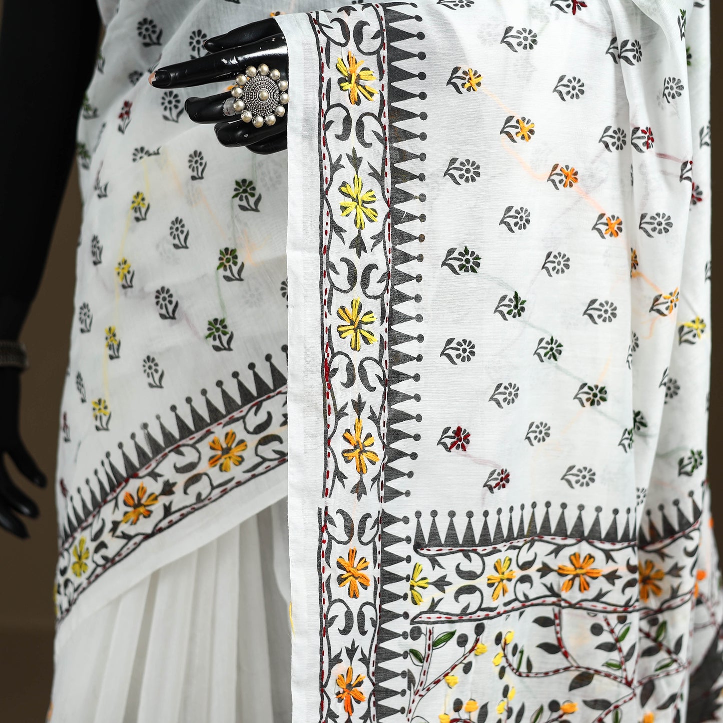 White - Phulkari Hand Embroidered Chanderi Silk Chapa Work Saree 13
