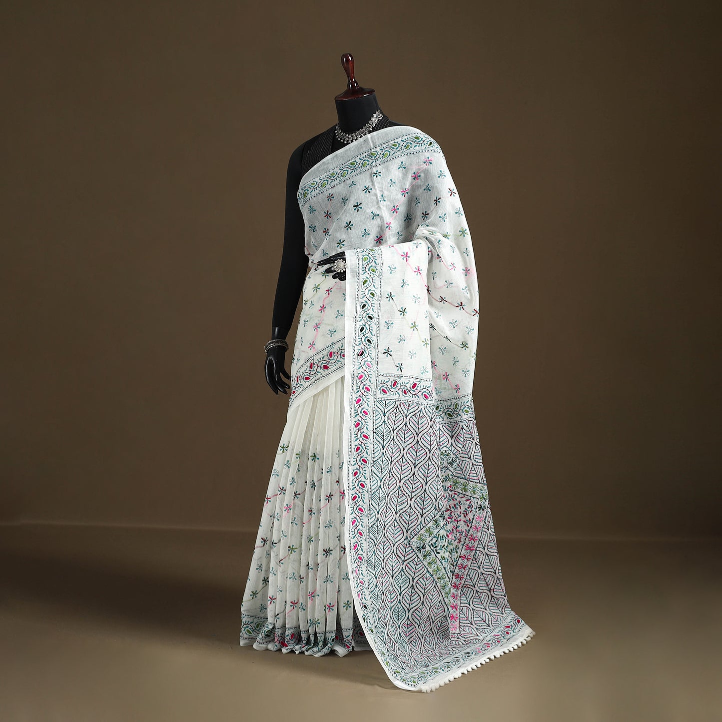 White - Phulkari Hand Embroidered Chanderi Silk Chapa Work Saree 14