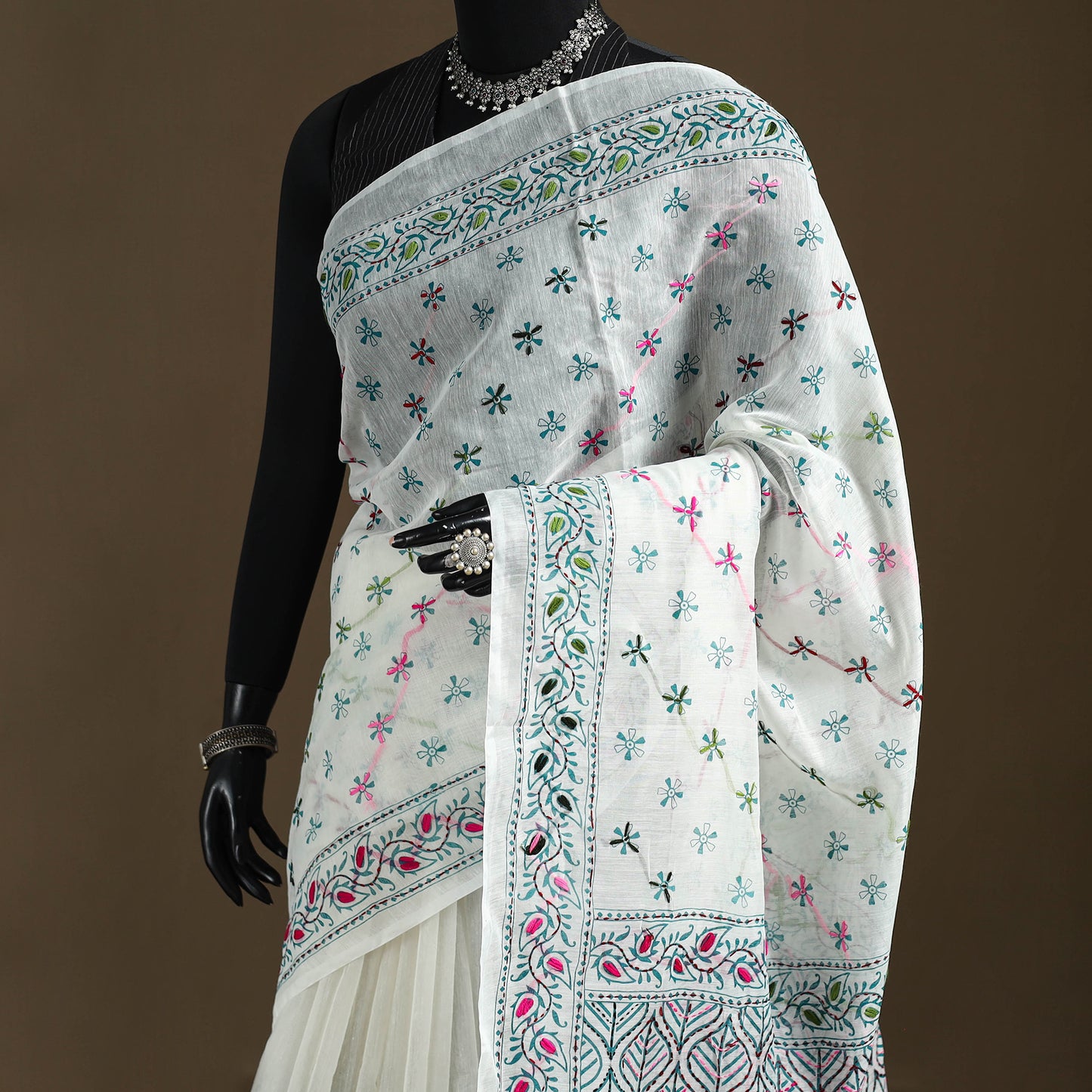 White - Phulkari Hand Embroidered Chanderi Silk Chapa Work Saree 14