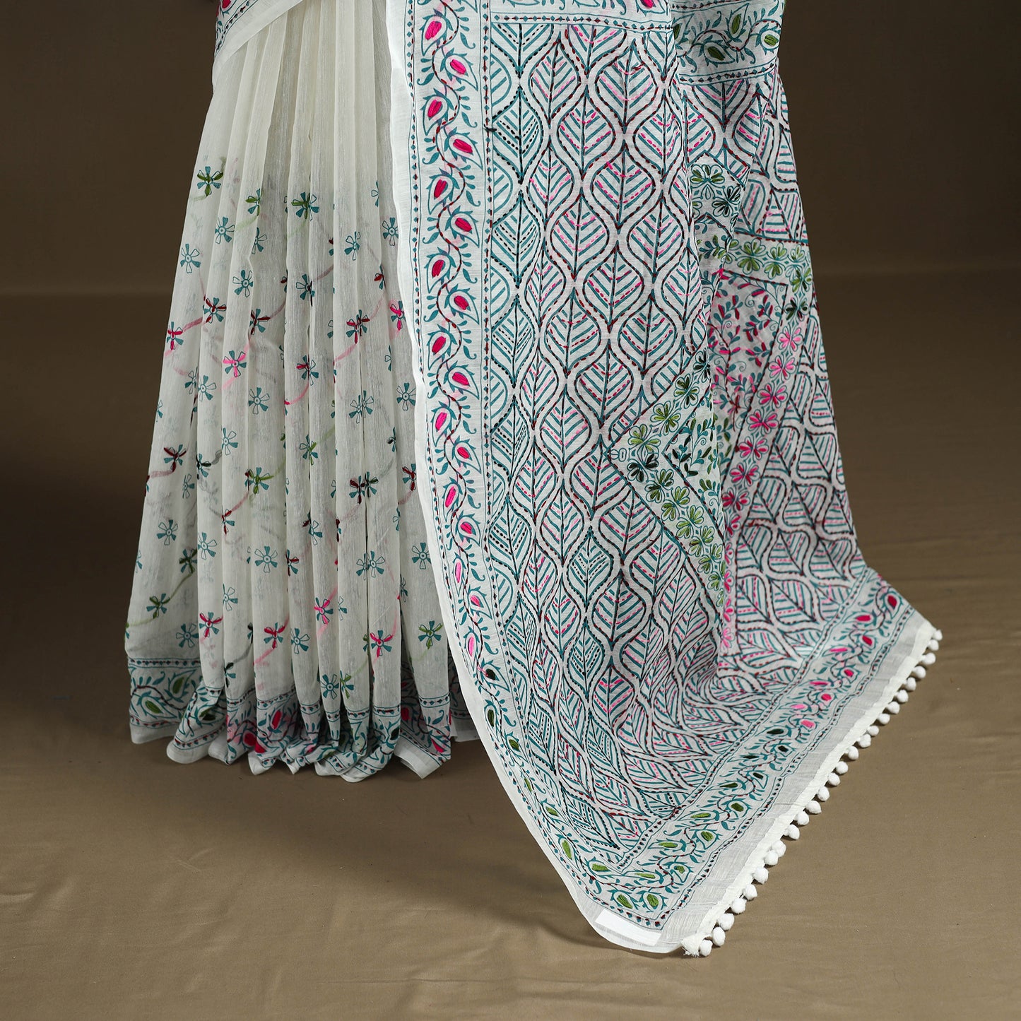 White - Phulkari Hand Embroidered Chanderi Silk Chapa Work Saree 14