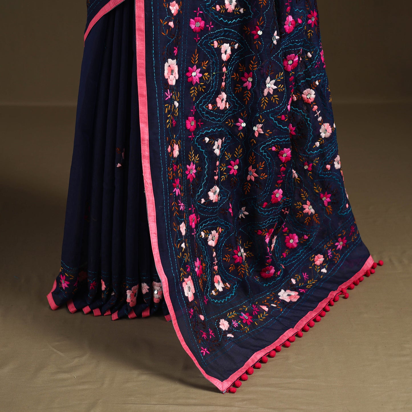 Blue - Phulkari Hand Embroidered Chanderi Silk Chapa Work Saree 19