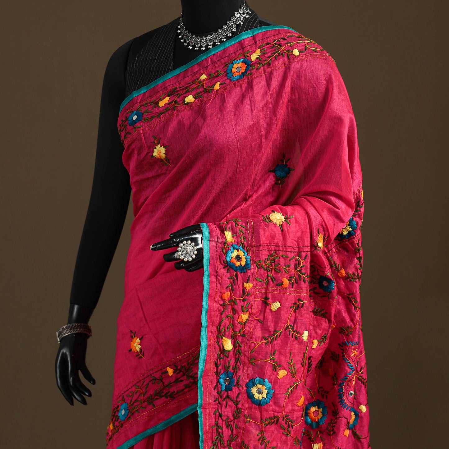 Pink - Phulkari Hand Embroidered Chanderi Silk Chapa Work Saree 20