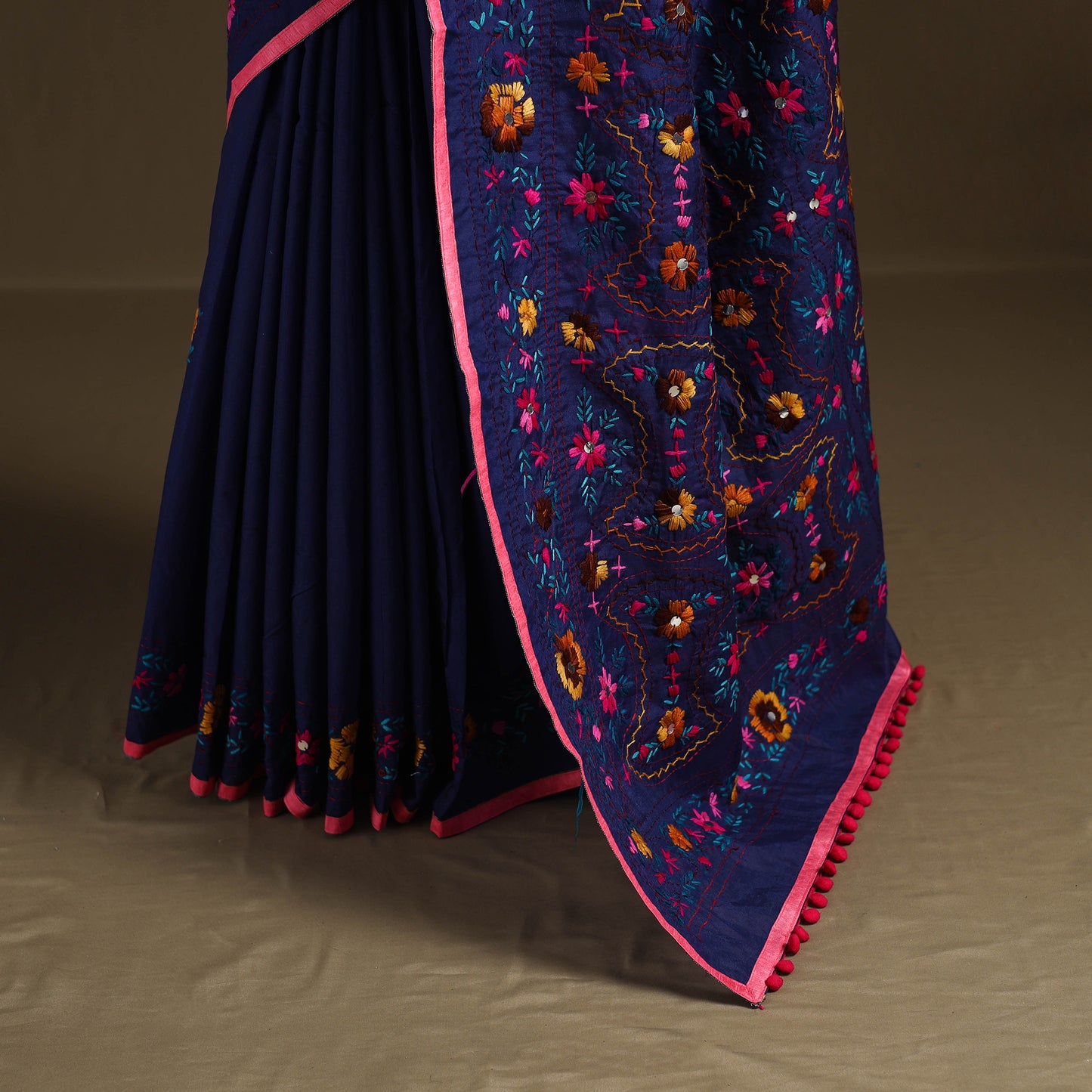Blue - Phulkari Hand Embroidered Chanderi Silk Chapa Work Saree 22
