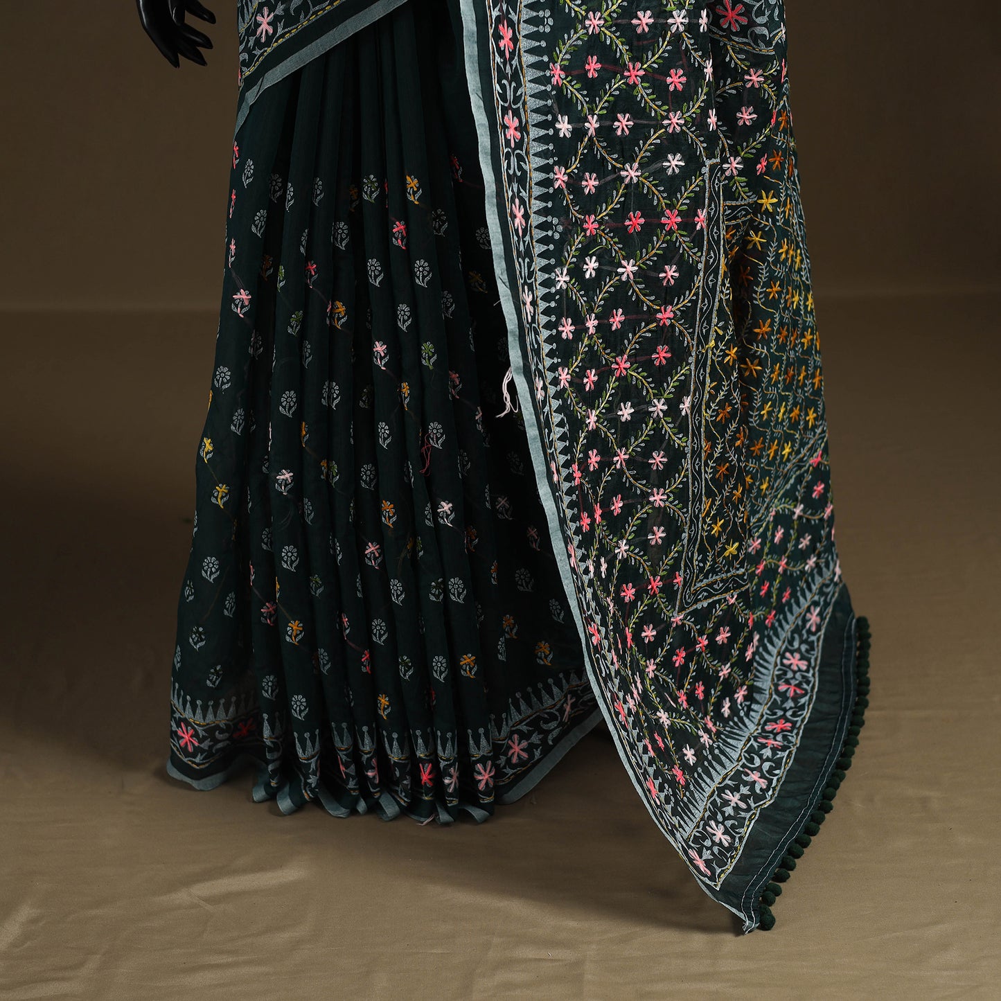 Green - Phulkari Hand Embroidered Chanderi Silk Chapa Work Saree 24