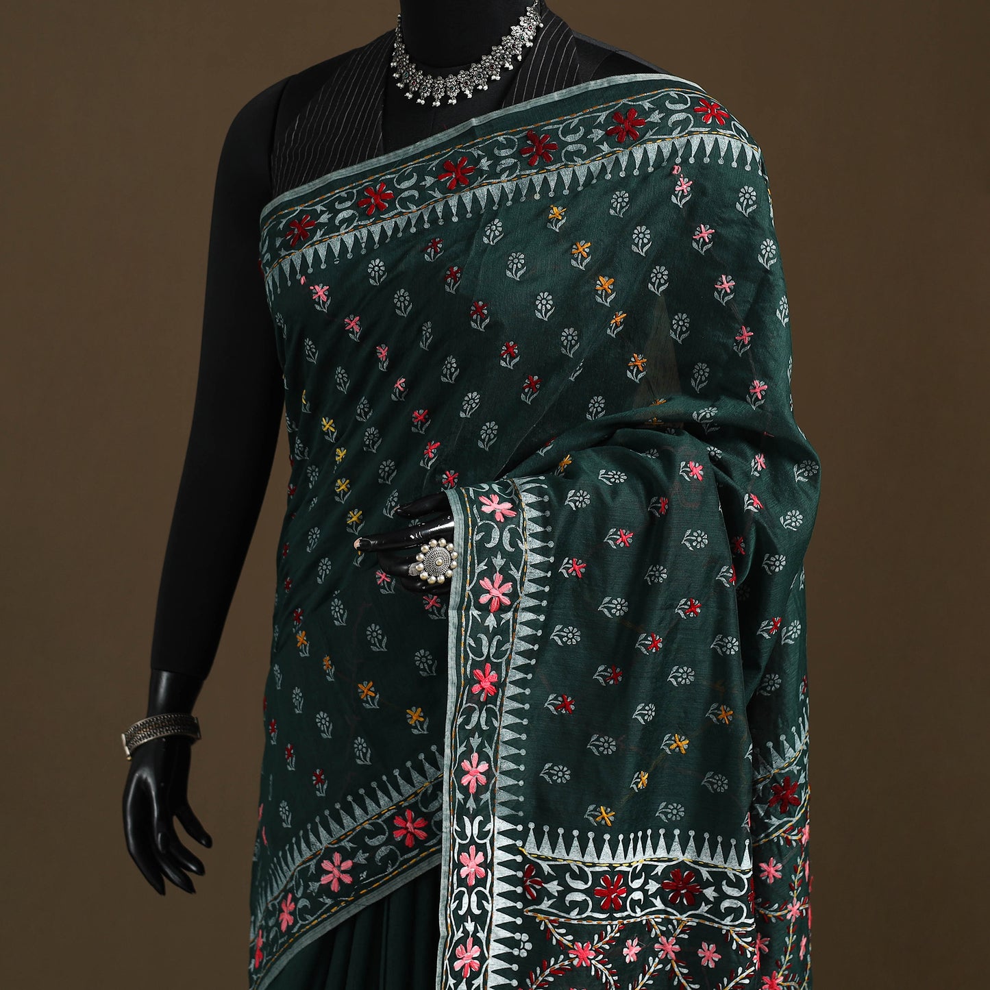 Green - Phulkari Hand Embroidered Chanderi Silk Chapa Work Saree 25