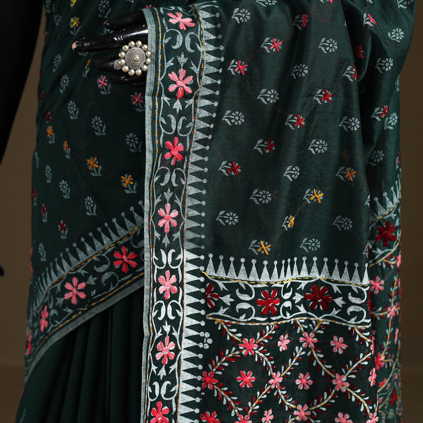 Green - Phulkari Hand Embroidered Chanderi Silk Chapa Work Saree 25