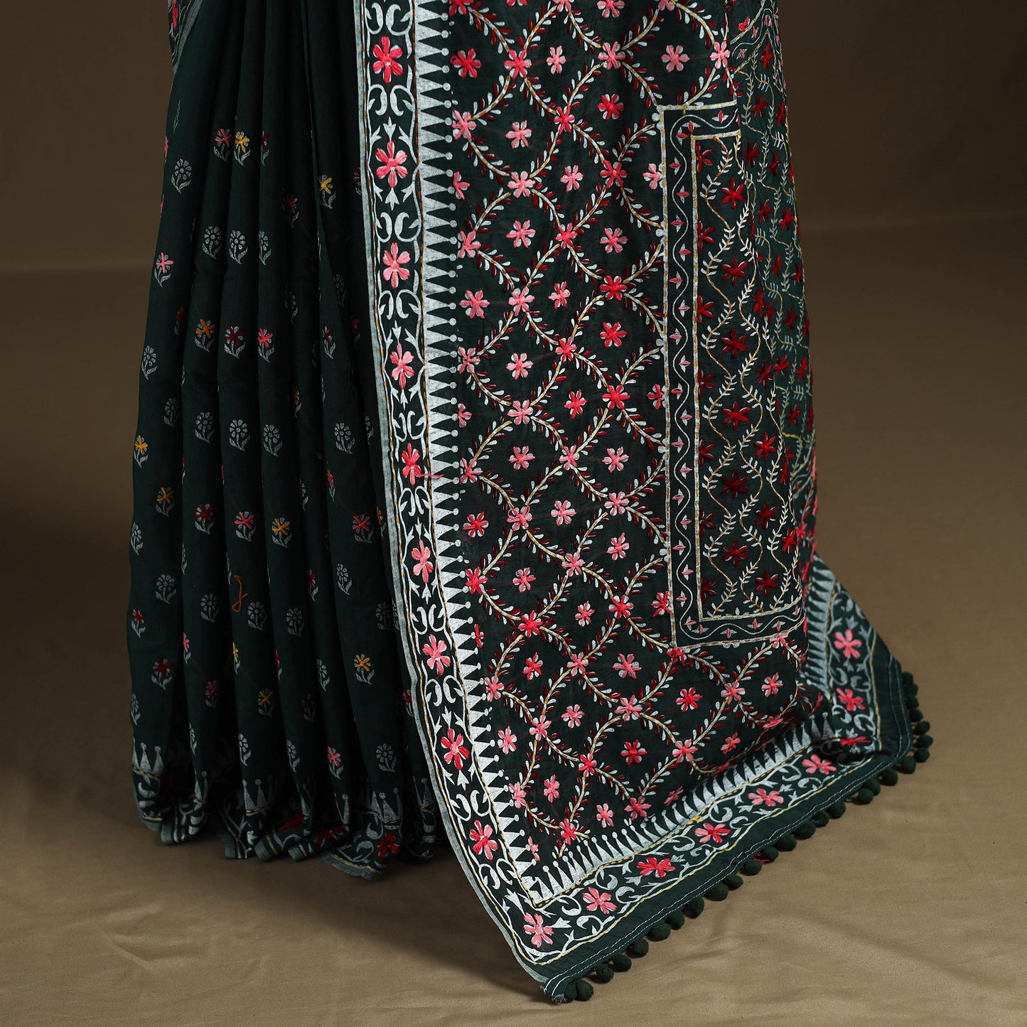 Green - Phulkari Hand Embroidered Chanderi Silk Chapa Work Saree 25