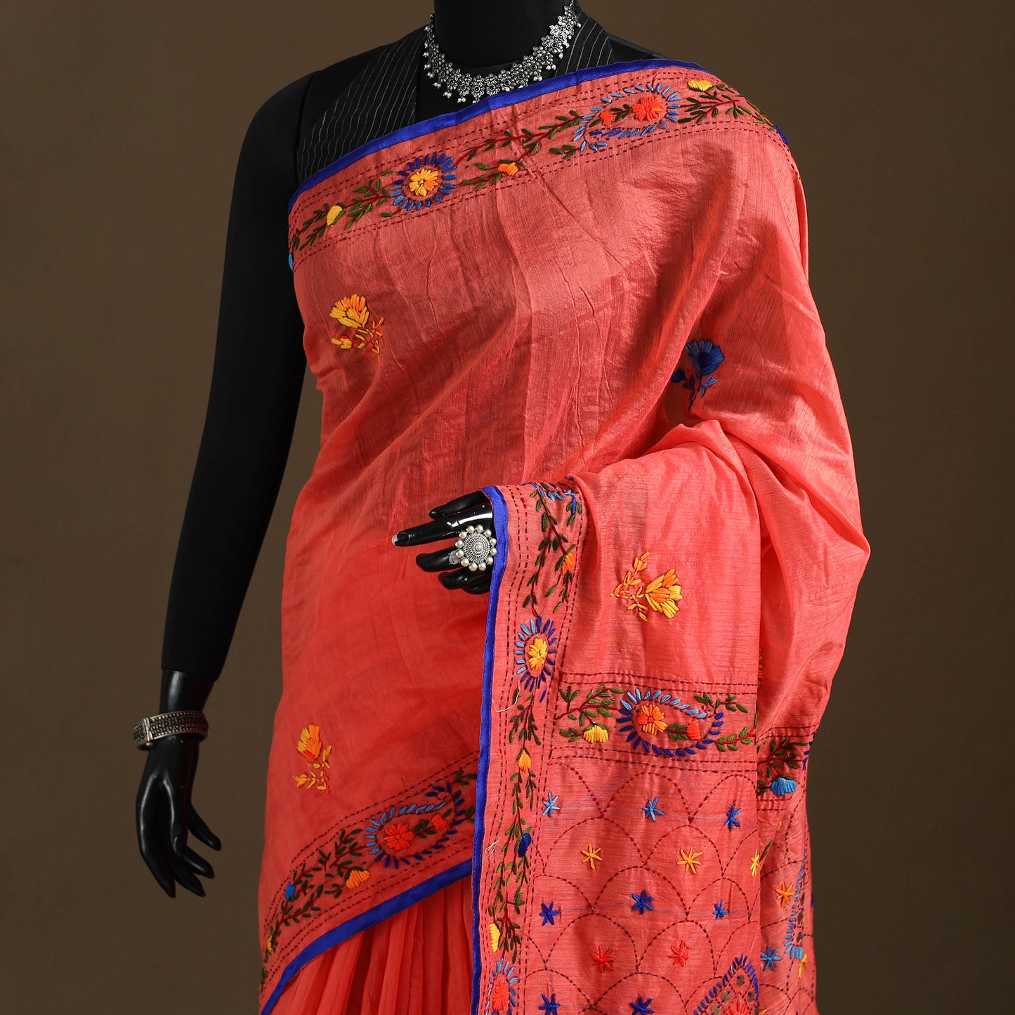 Orange - Phulkari Hand Embroidered Chanderi Silk Chapa Work Saree 26