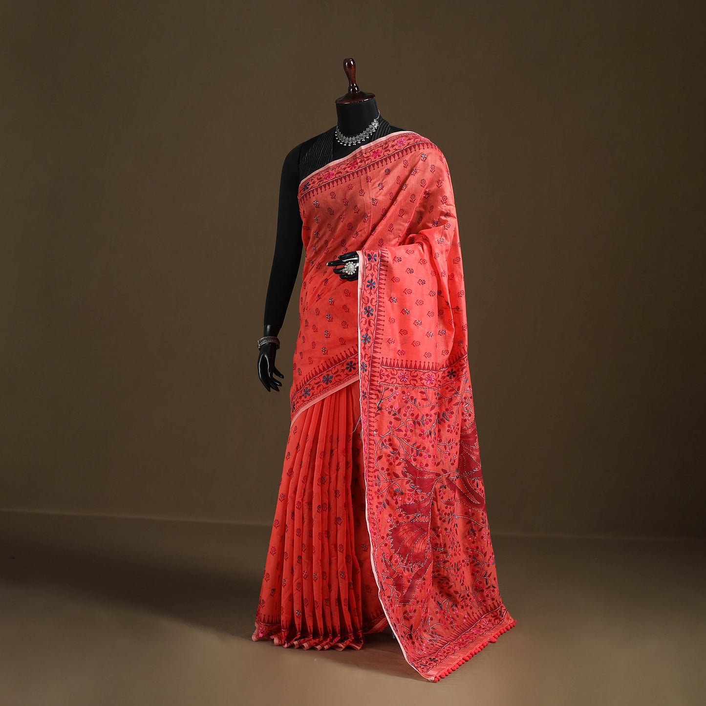 Orange - Phulkari Hand Embroidered Chanderi Silk Chapa Work Saree 27