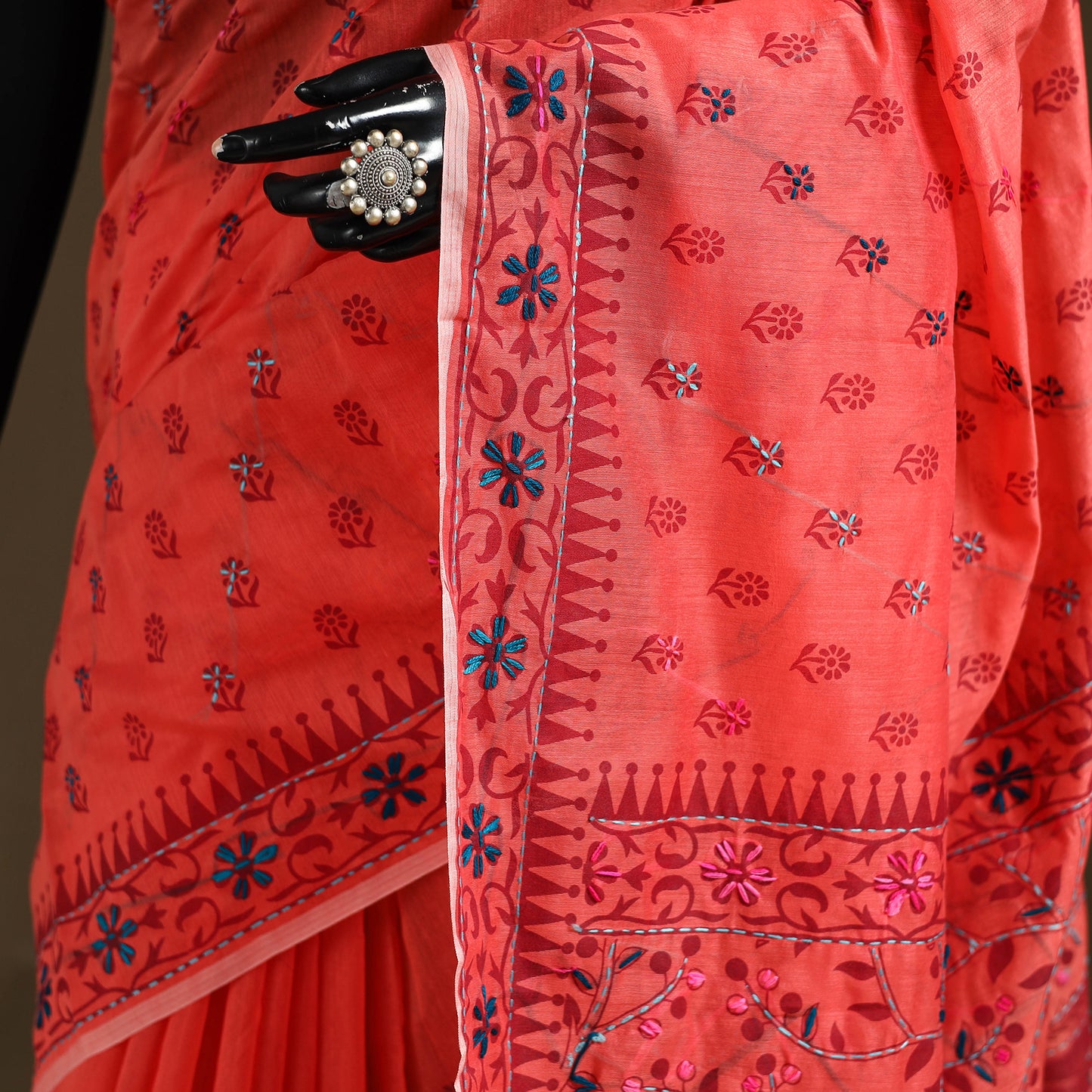 Orange - Phulkari Hand Embroidered Chanderi Silk Chapa Work Saree 27