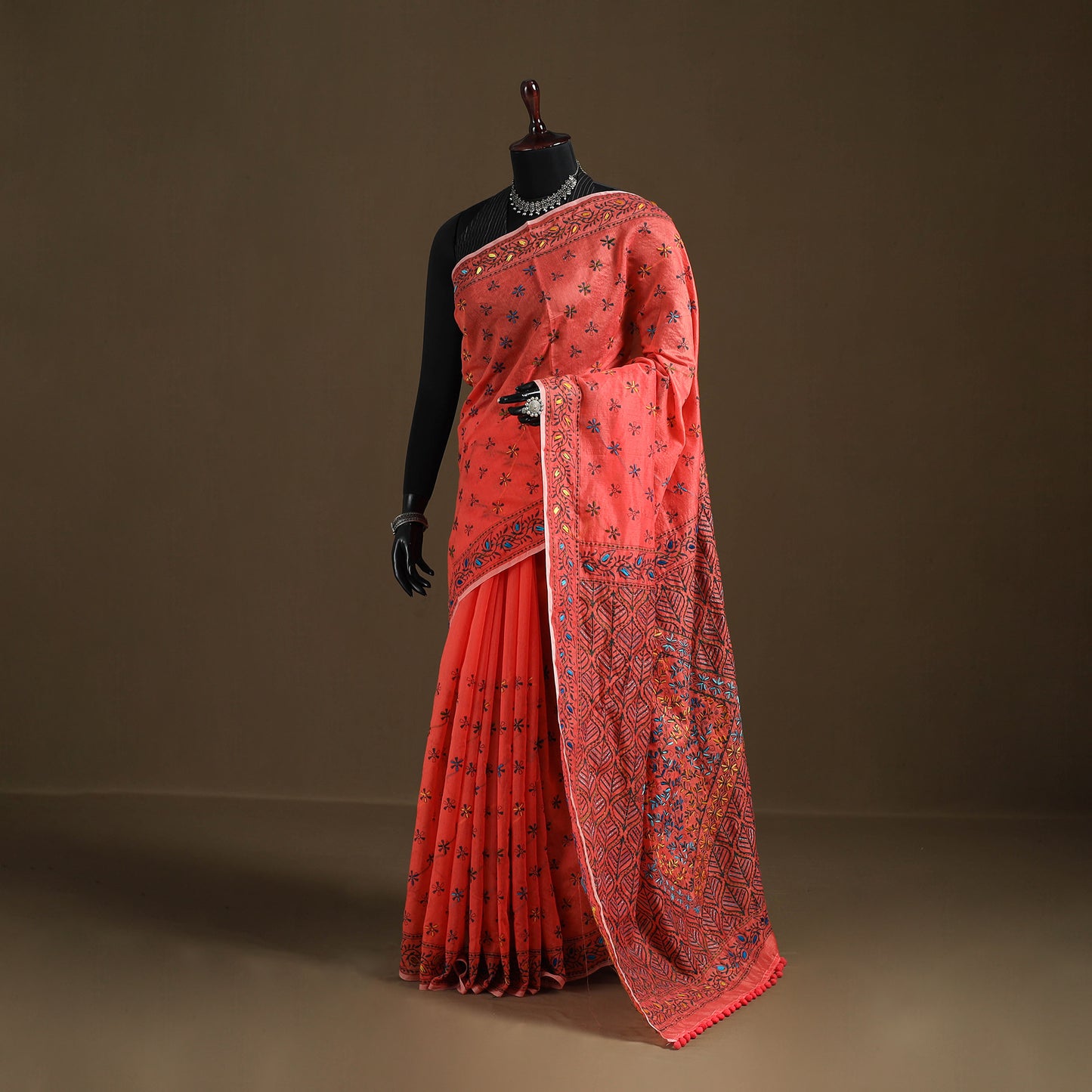 Phulkari Hand Embroidered Chanderi Silk Chapa Work Saree 29