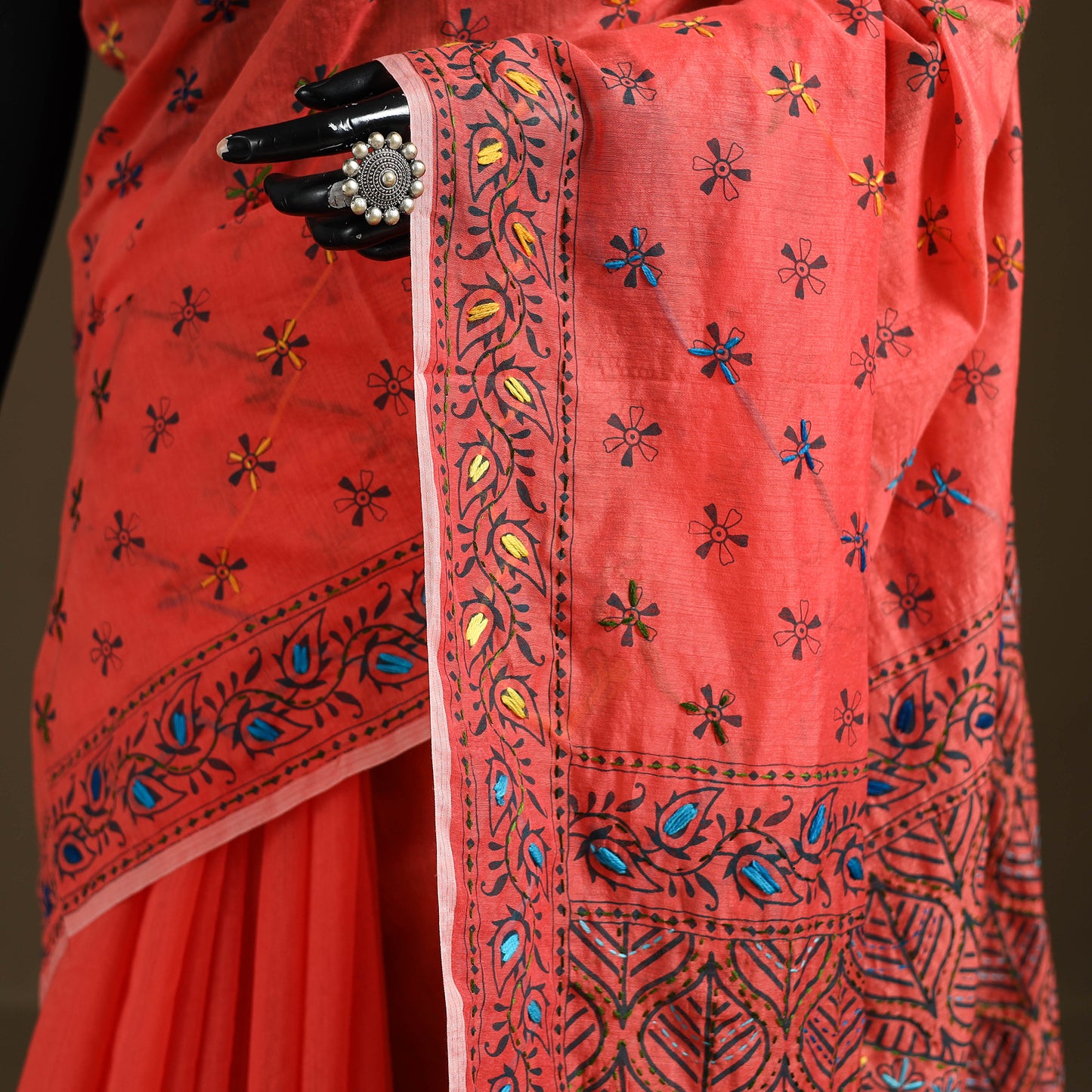 Phulkari Hand Embroidered Chanderi Silk Chapa Work Saree 29