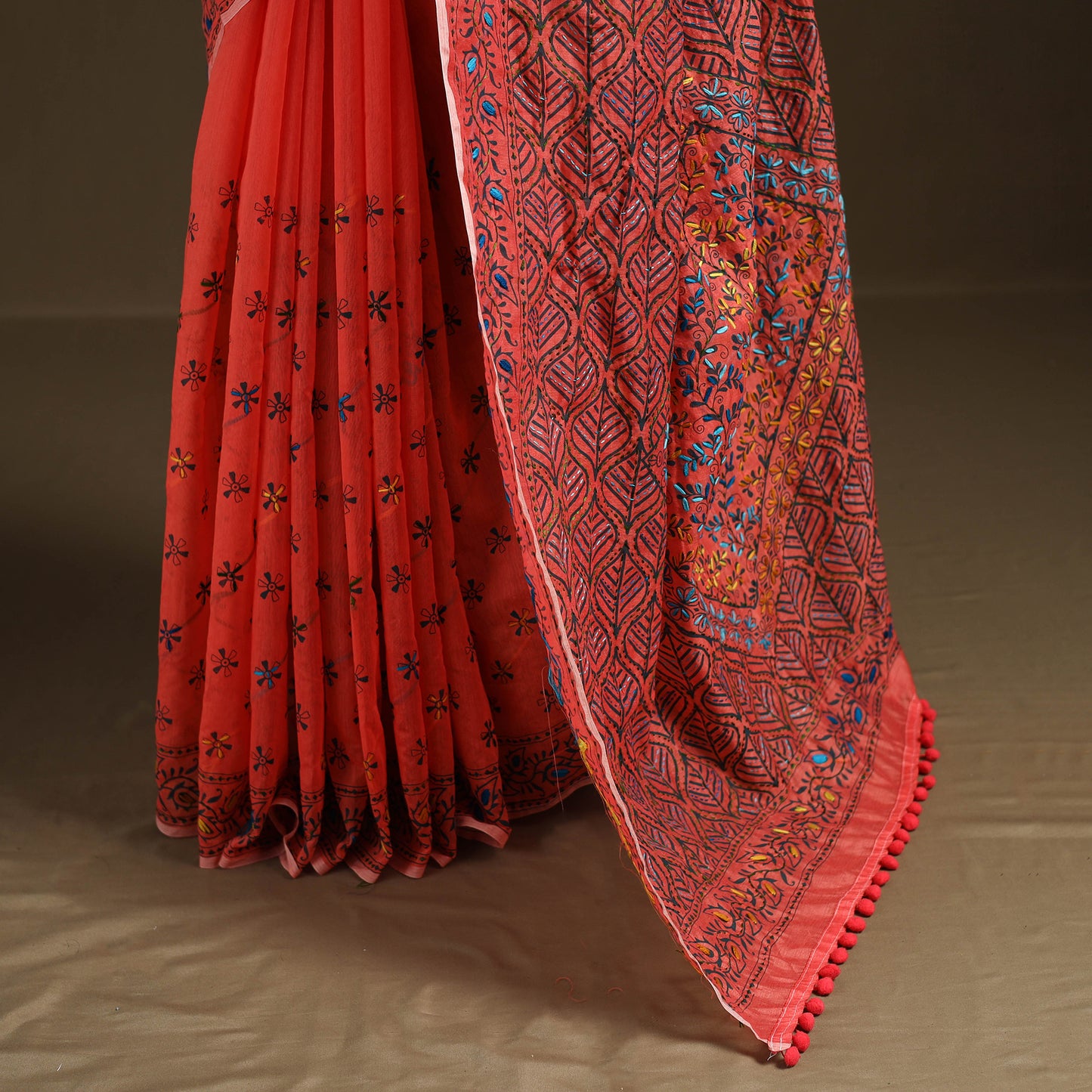 Phulkari Hand Embroidered Chanderi Silk Chapa Work Saree 29