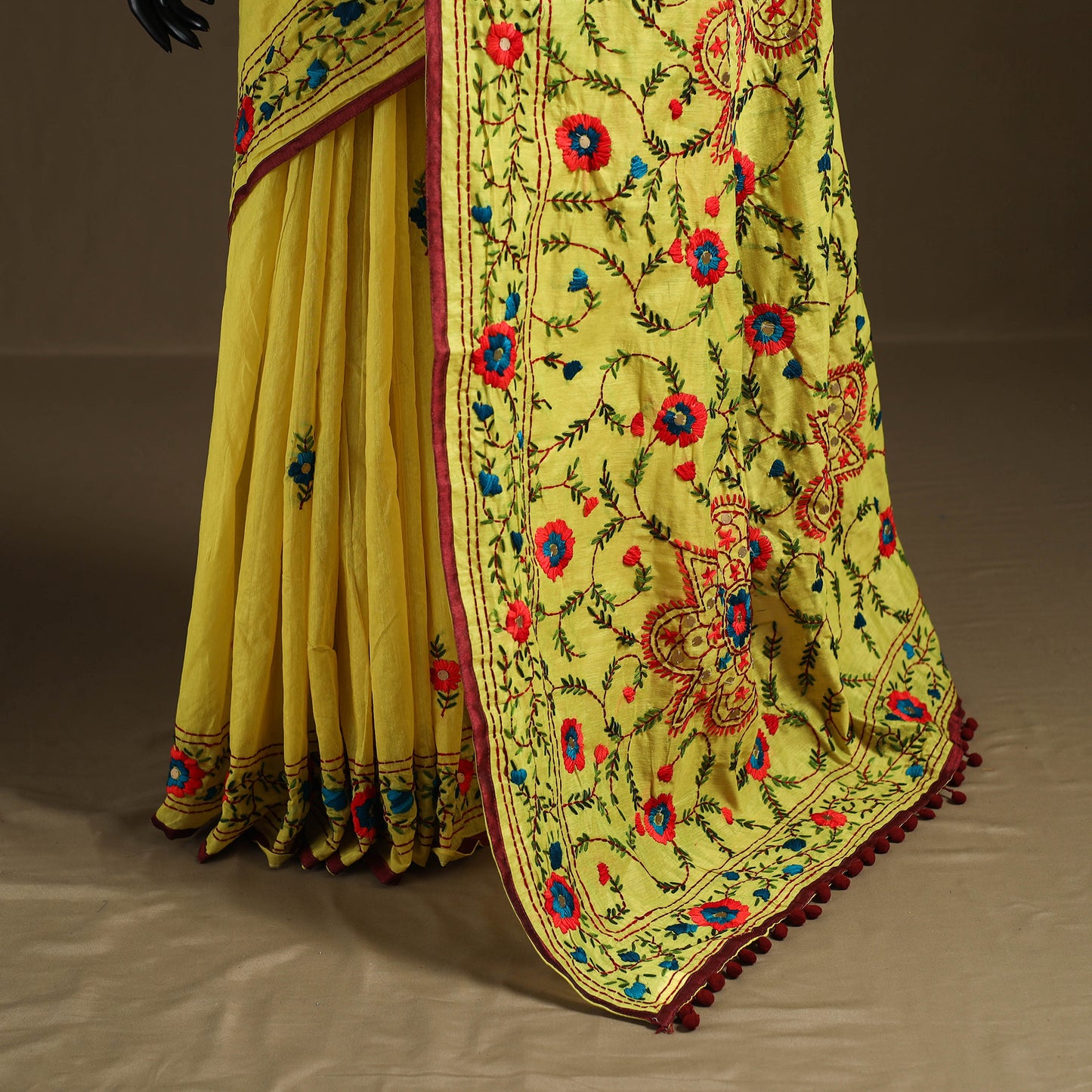 Yellow - Phulkari Hand Embroidered Chanderi Silk Chapa Work Saree 31