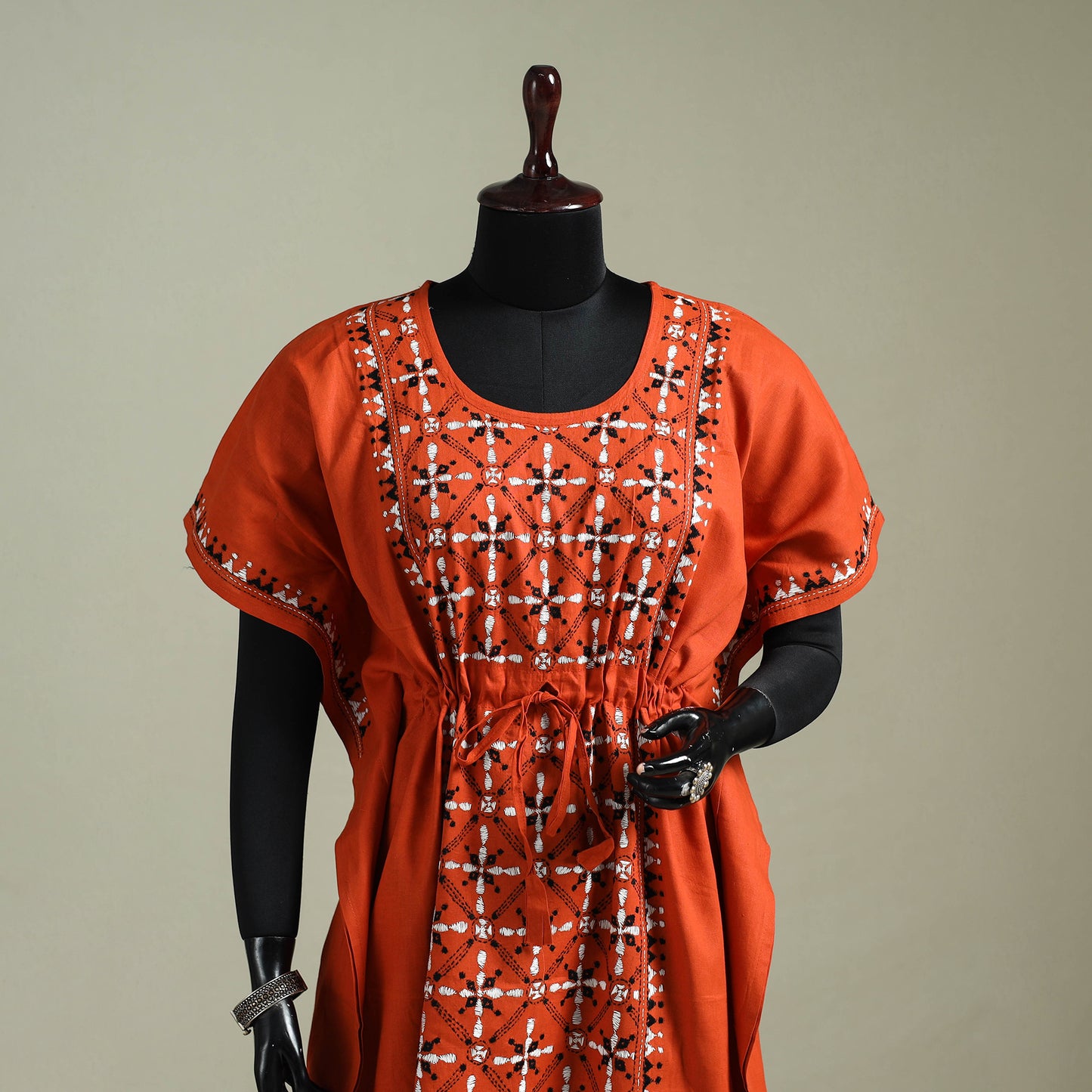 Orange - Bengal Kantha Hand Embroidery Cotton Long Kaftan 01