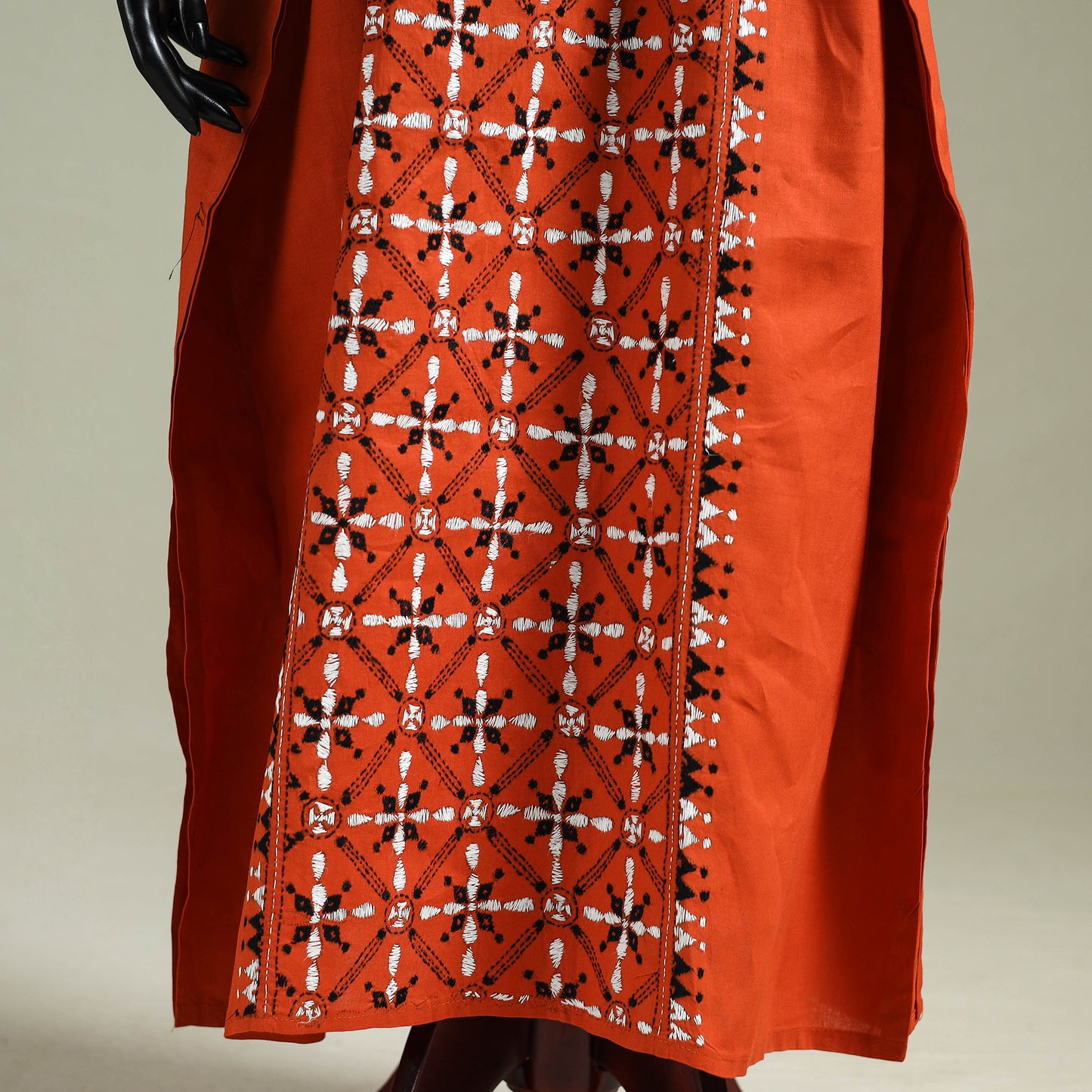 Orange - Bengal Kantha Hand Embroidery Cotton Long Kaftan 01