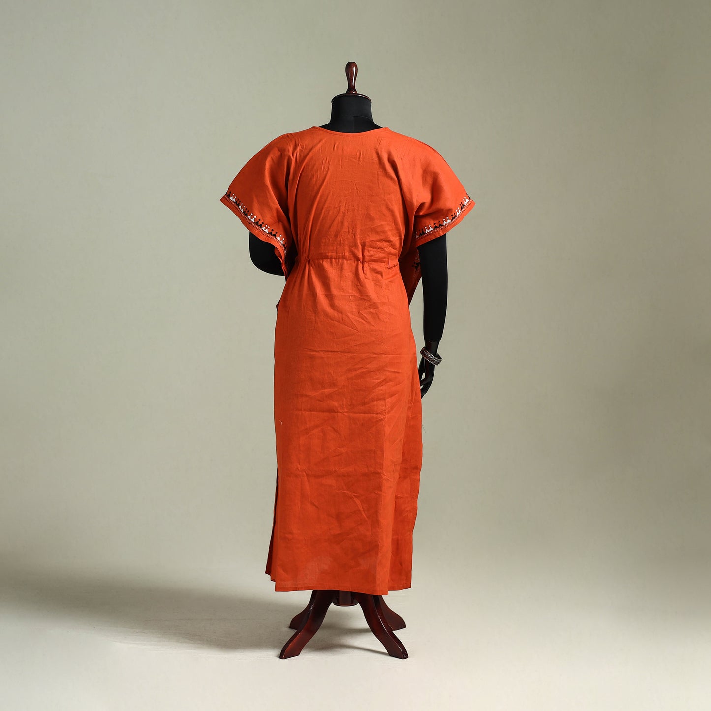 Orange - Bengal Kantha Hand Embroidery Cotton Long Kaftan 01