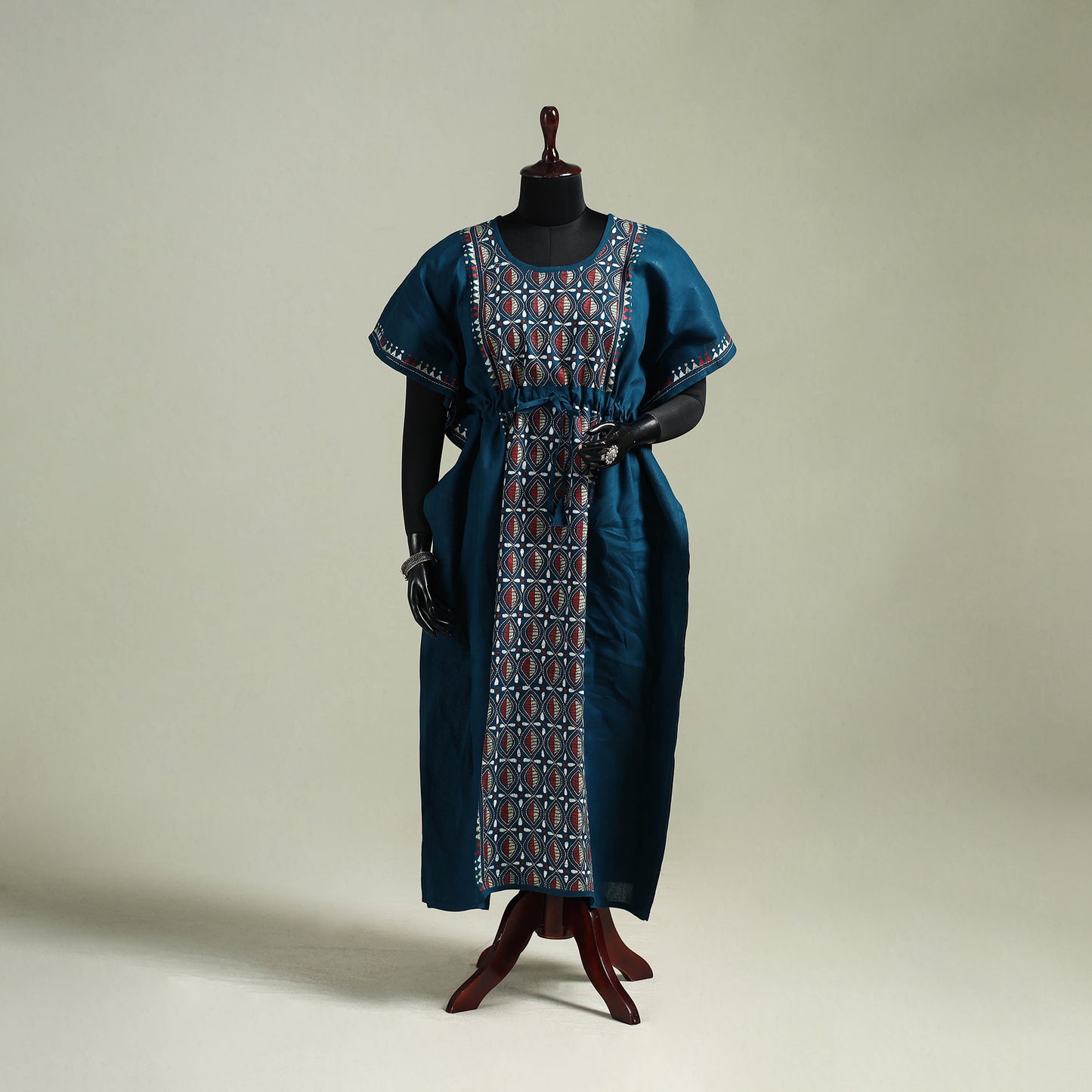Blue - Bengal Kantha Hand Embroidery Cotton Long Kaftan 02