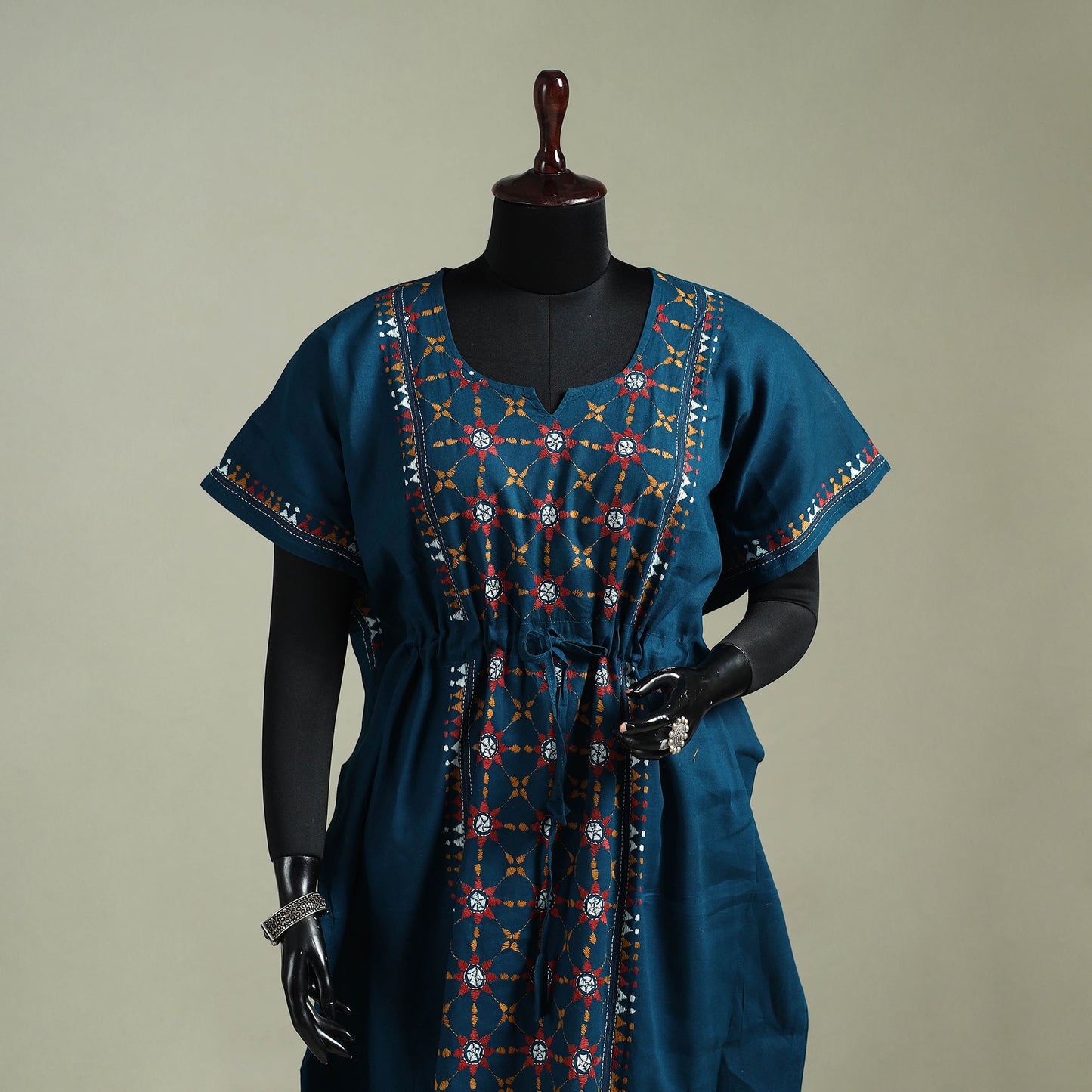 Blue - Bengal Kantha Hand Embroidery Cotton Long Kaftan 03