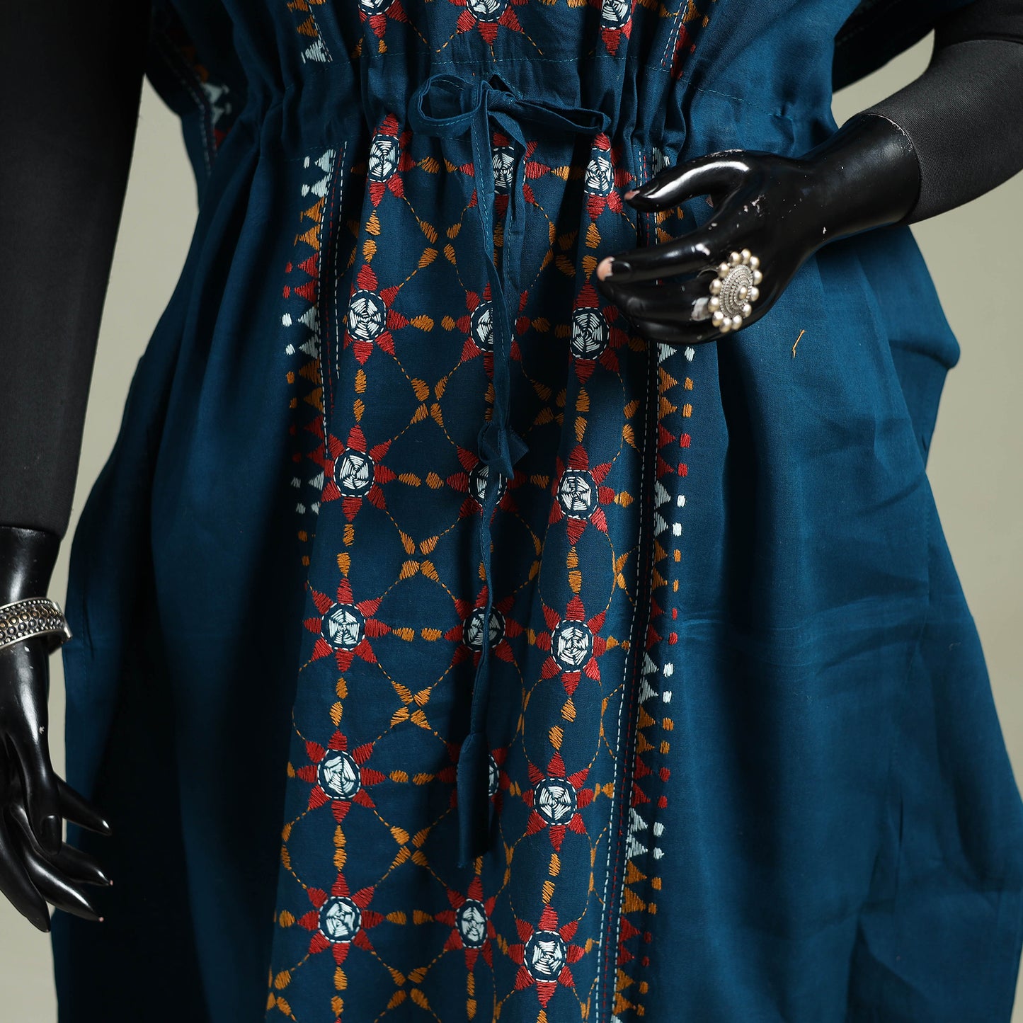 Blue - Bengal Kantha Hand Embroidery Cotton Long Kaftan 03