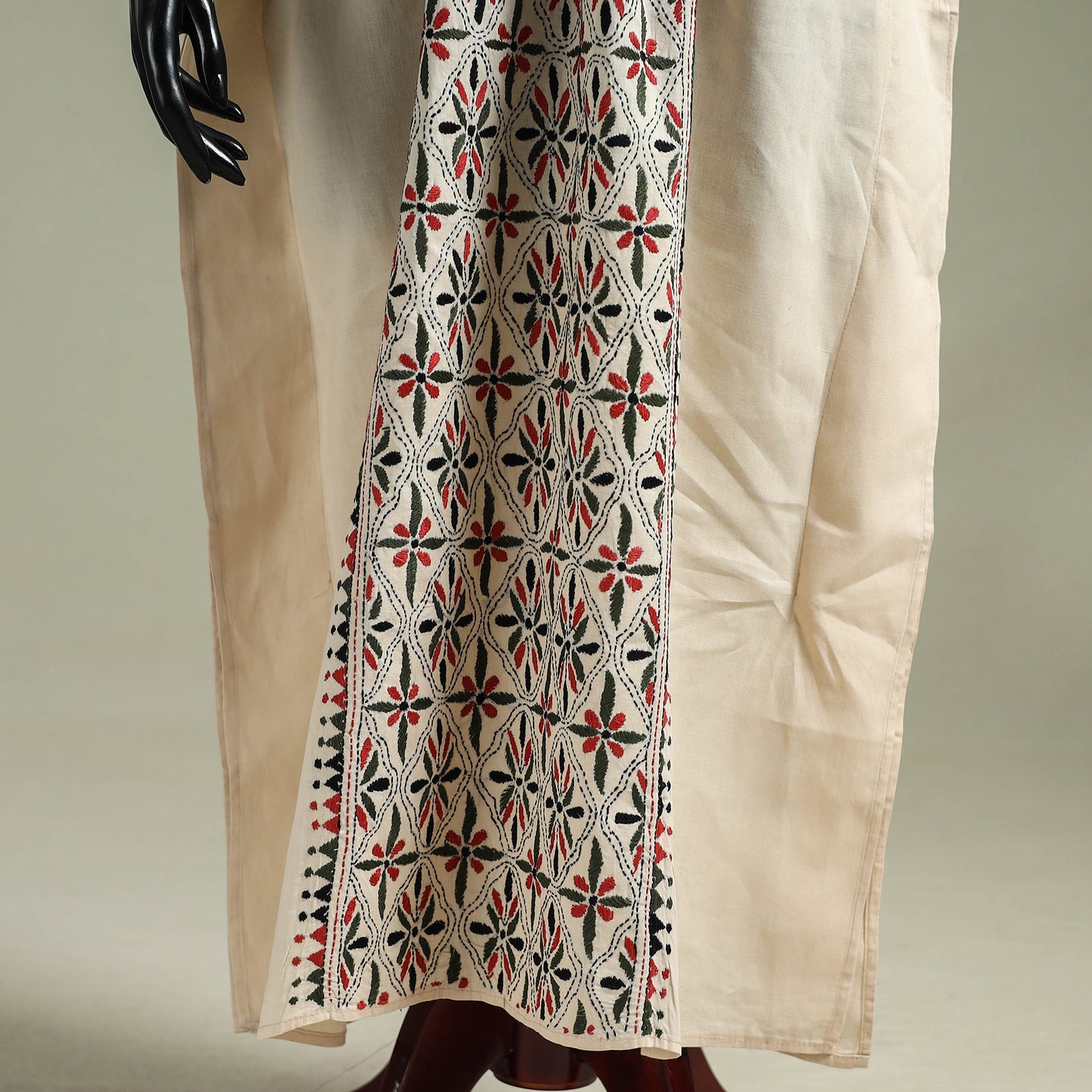 Beige - Bengal Kantha Hand Embroidery Cotton Long Kaftan 04