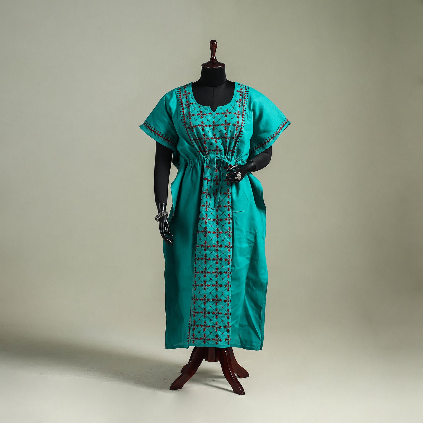 Green - Bengal Kantha Hand Embroidery Cotton Long Kaftan 05