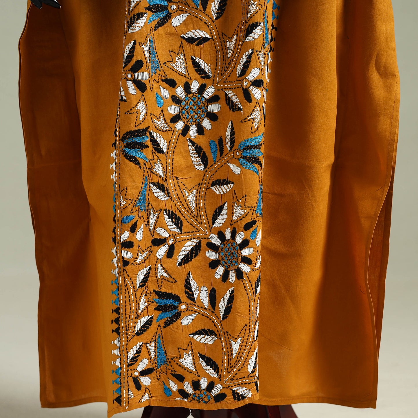 Yellow - Bengal Kantha Hand Embroidery Cotton Long Kaftan 06