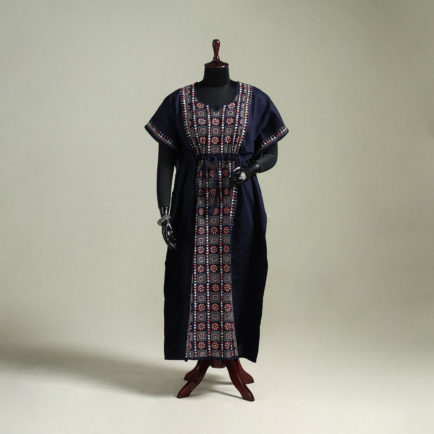 Black - Bengal Kantha Hand Embroidery Cotton Long Kaftan 08