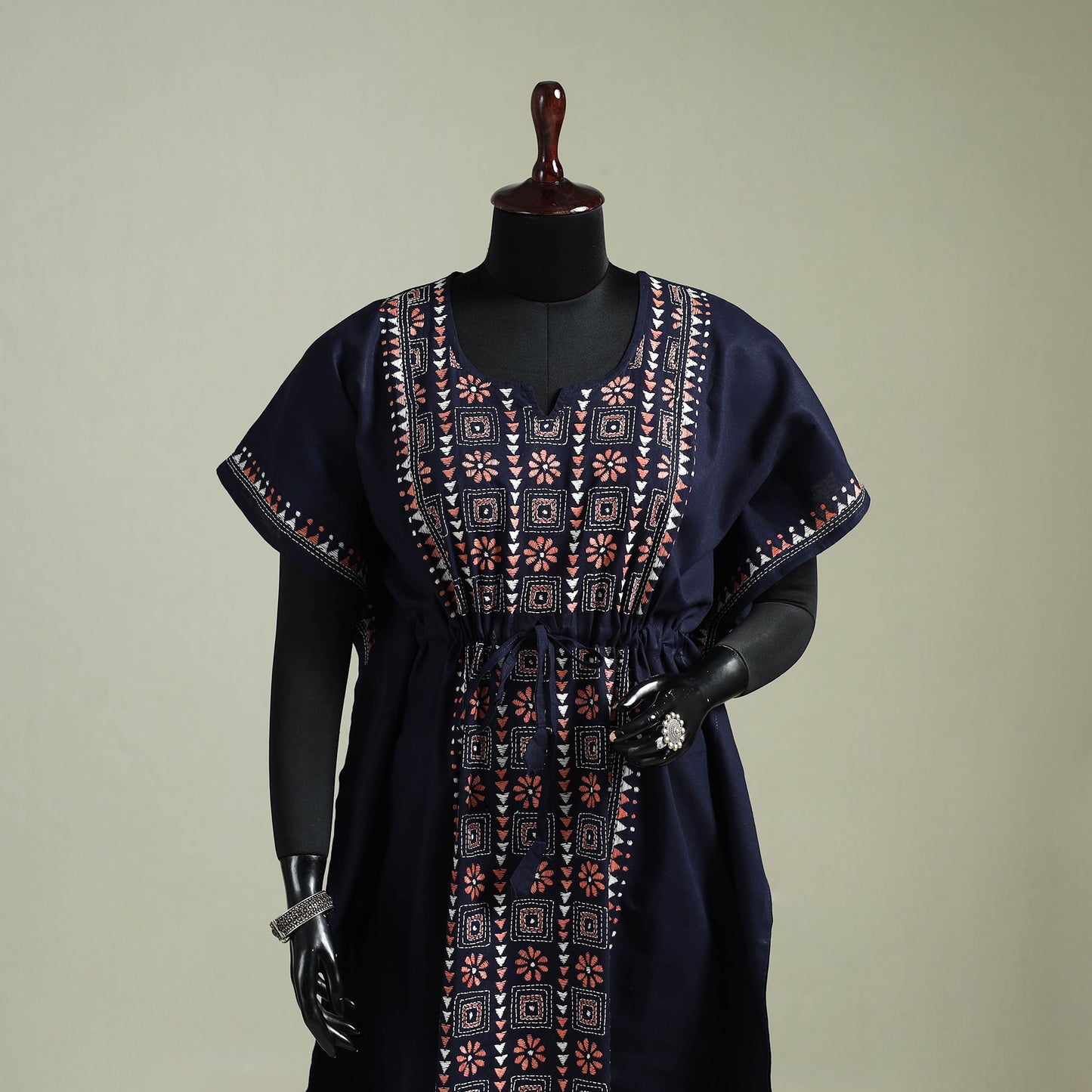 Black - Bengal Kantha Hand Embroidery Cotton Long Kaftan 08