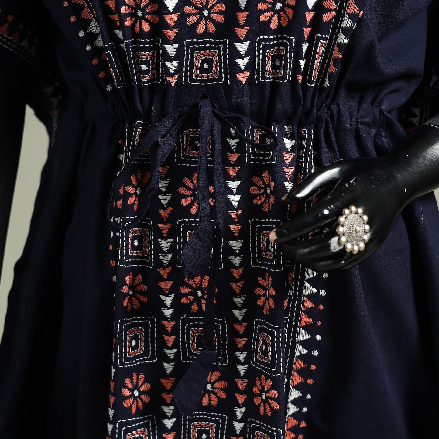 Black - Bengal Kantha Hand Embroidery Cotton Long Kaftan 08