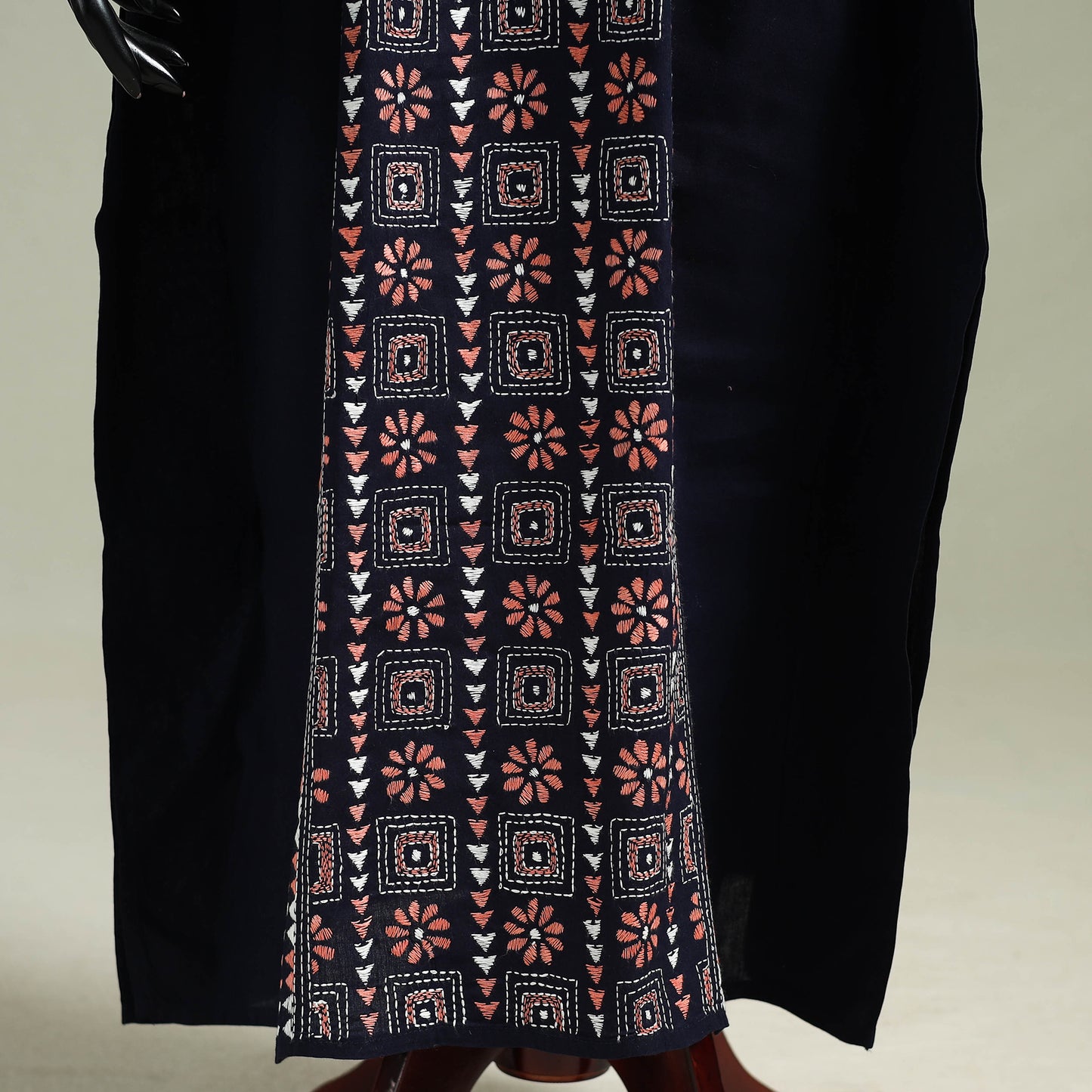 Black - Bengal Kantha Hand Embroidery Cotton Long Kaftan 08
