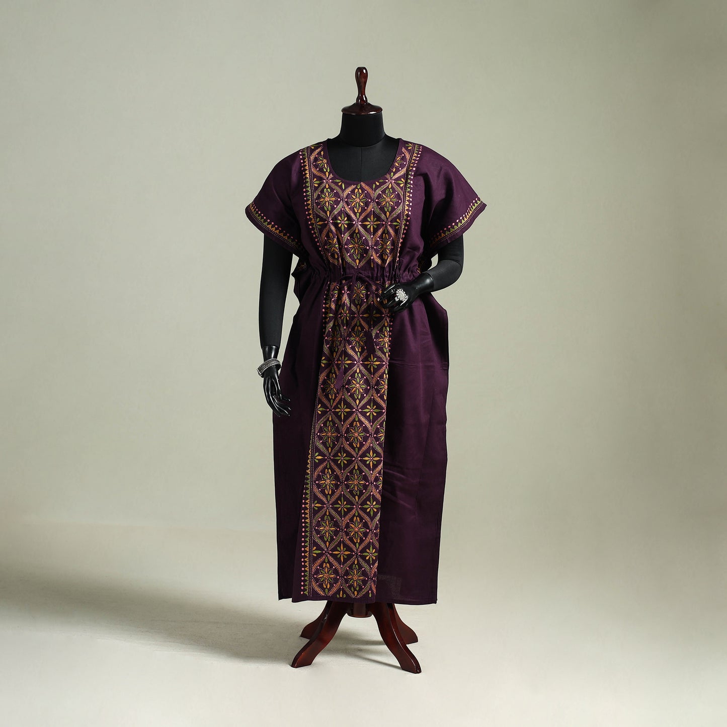 Purple - Bengal Kantha Hand Embroidery Cotton Long Kaftan 09