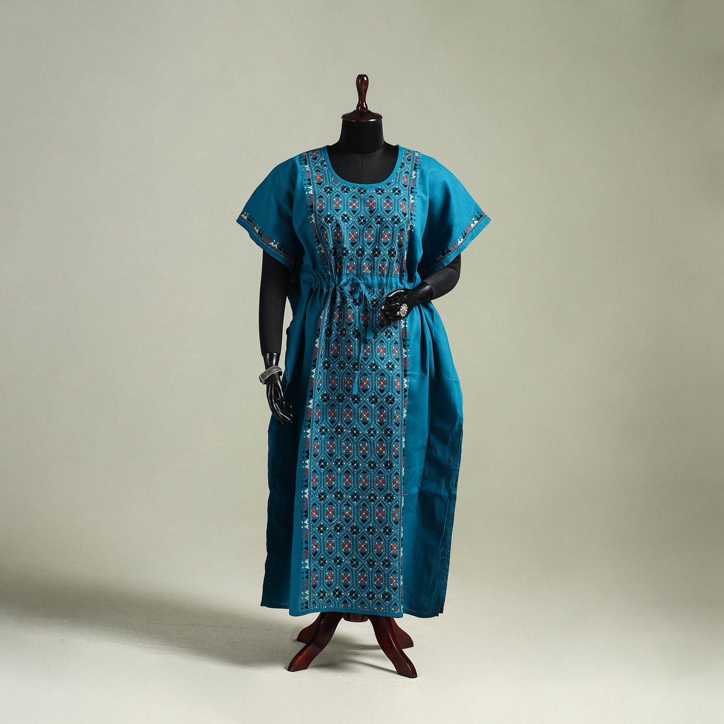 Blue - Bengal Kantha Hand Embroidery Cotton Long Kaftan 10