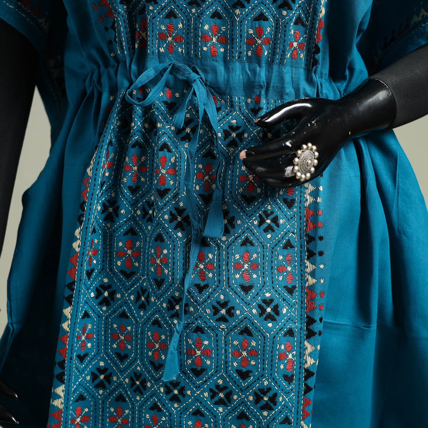 Blue - Bengal Kantha Hand Embroidery Cotton Long Kaftan 10