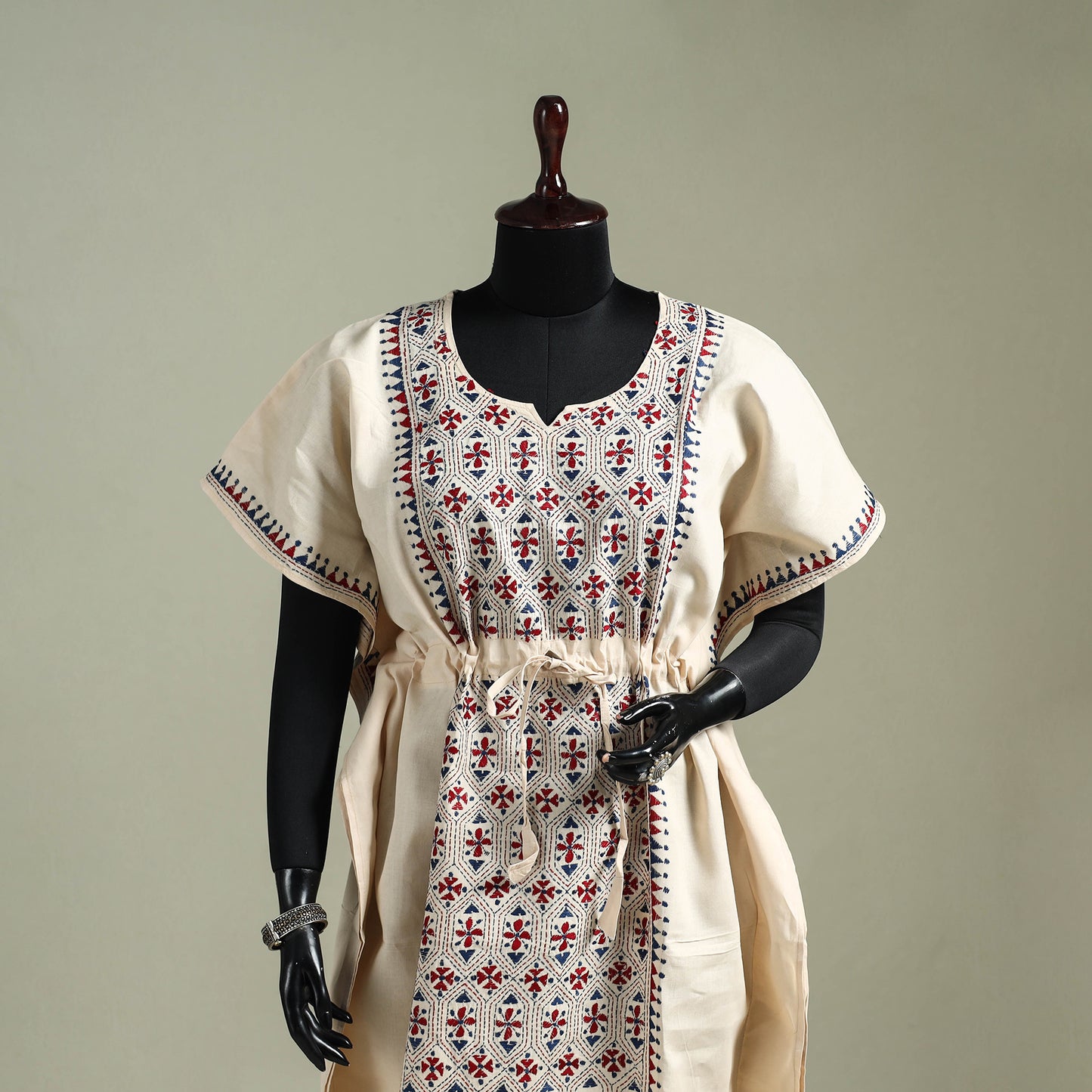 Beige - Bengal Kantha Hand Embroidery Cotton Long Kaftan 11