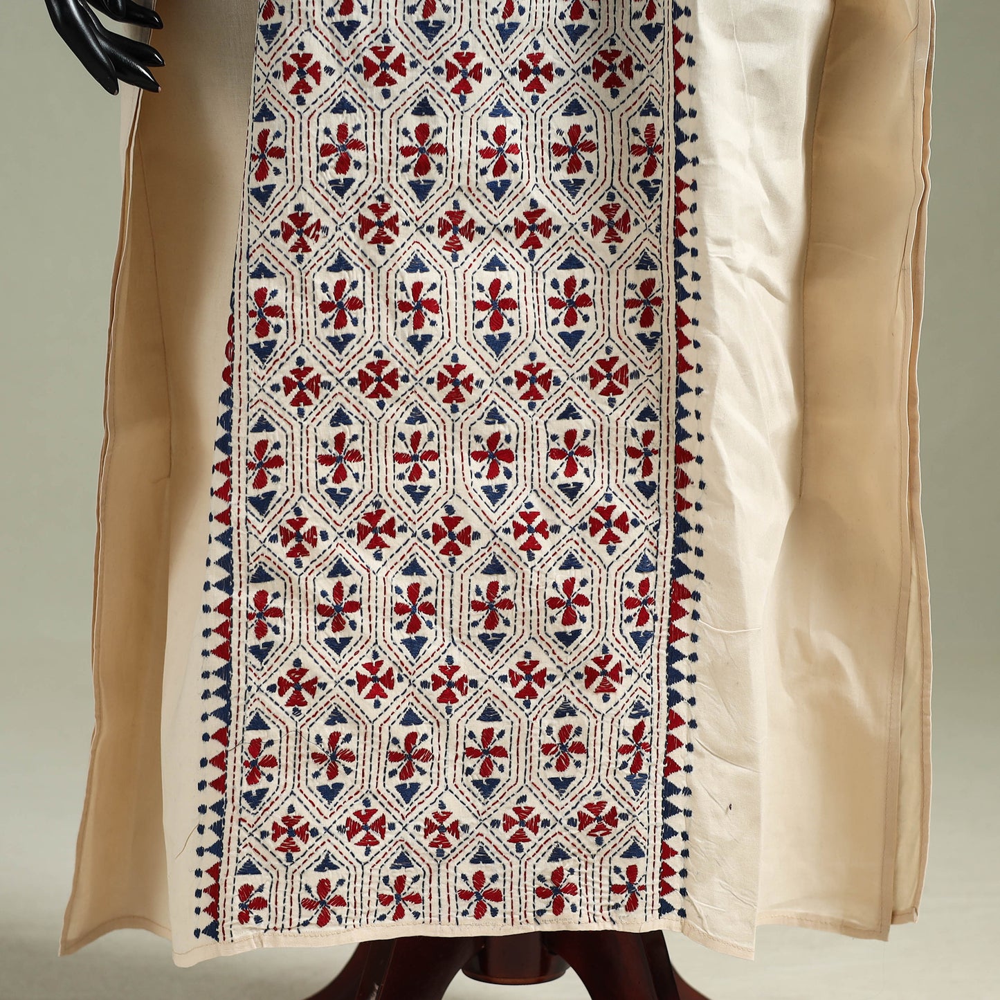 Beige - Bengal Kantha Hand Embroidery Cotton Long Kaftan 11