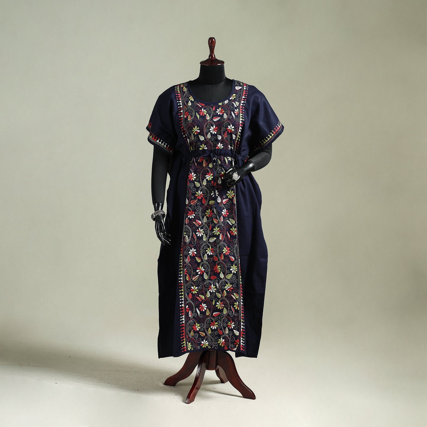 Blue - Bengal Kantha Hand Embroidery Cotton Long Kaftan 16