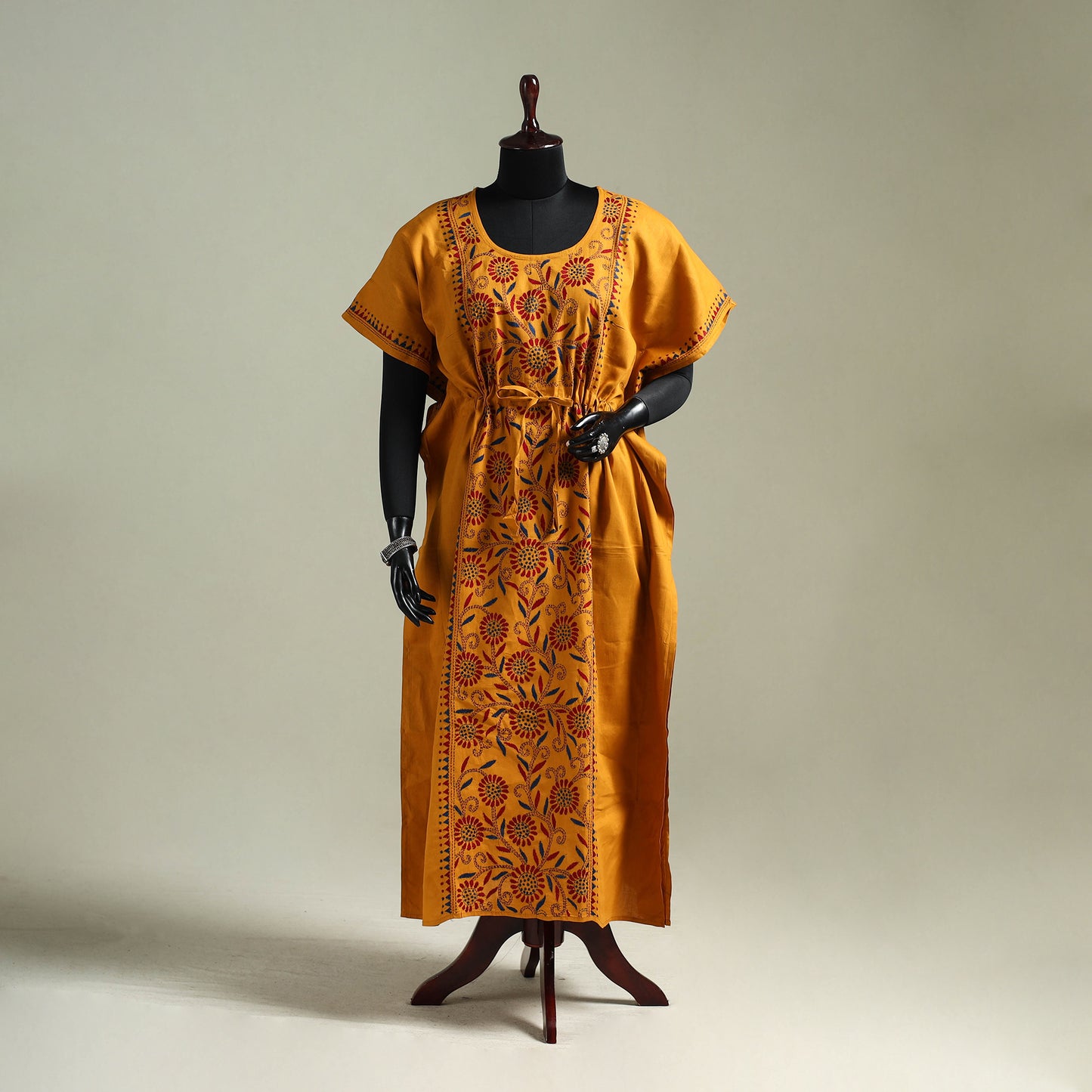 Orange - Bengal Kantha Hand Embroidery Cotton Long Kaftan 18