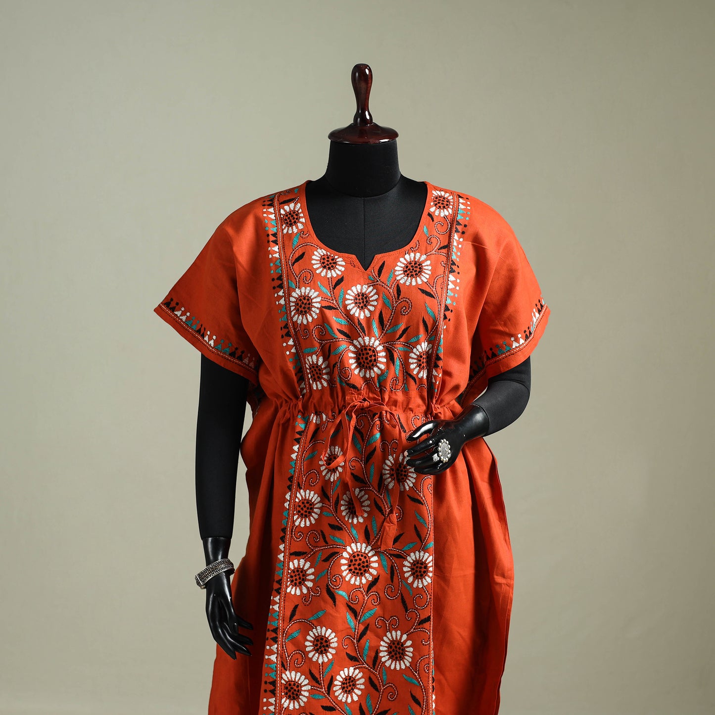 Orange - Bengal Kantha Hand Embroidery Cotton Long Kaftan 19