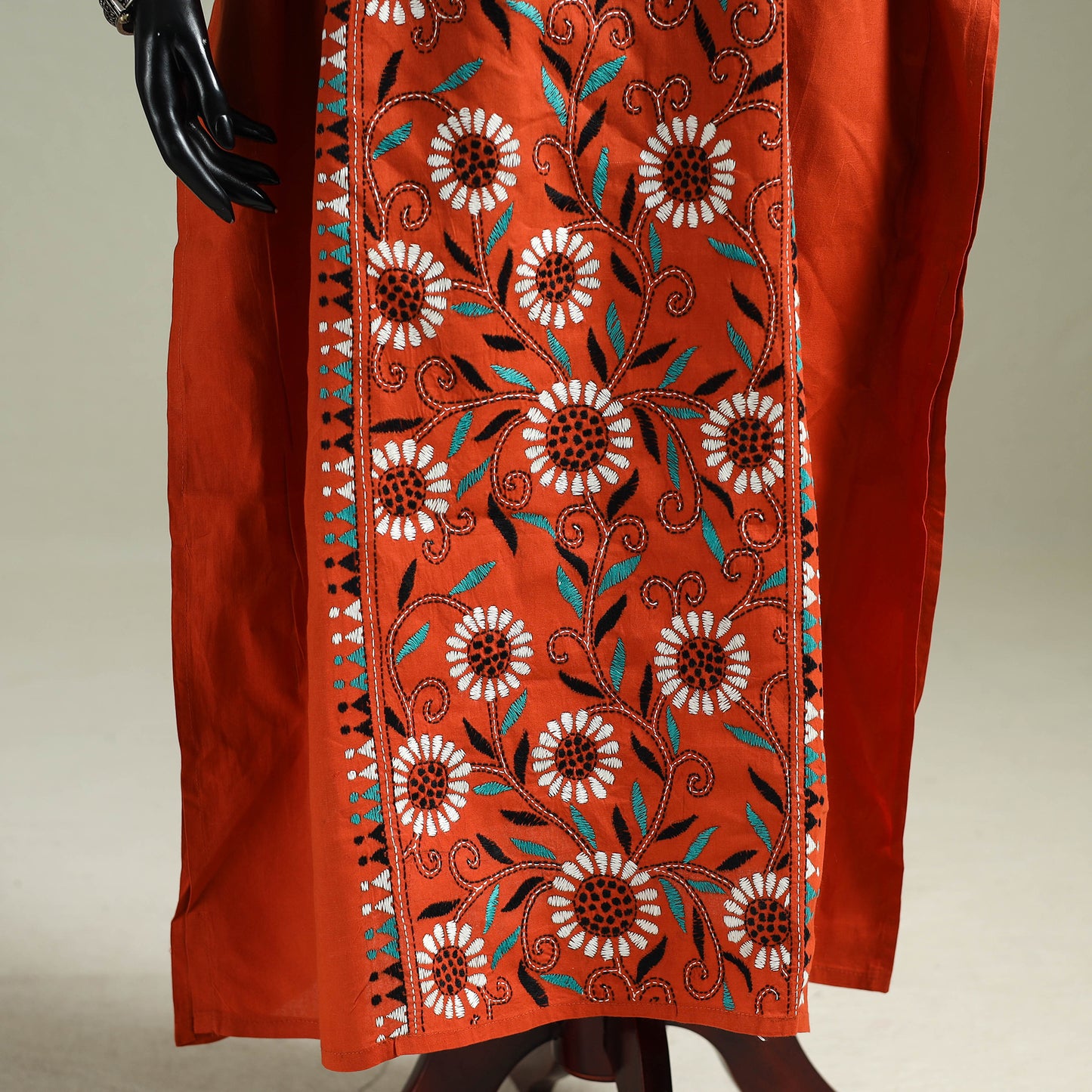 Orange - Bengal Kantha Hand Embroidery Cotton Long Kaftan 19