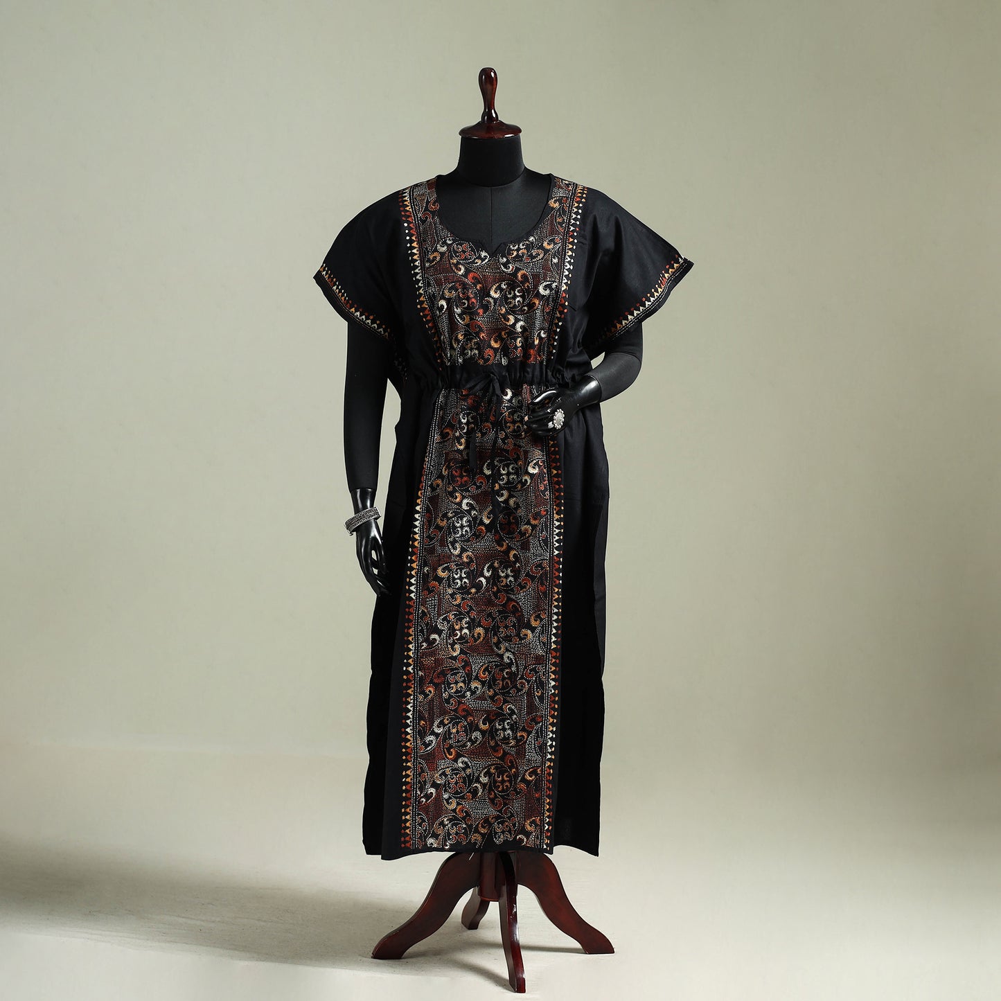 Black - Bengal Kantha Hand Embroidery Cotton Long Kaftan 20